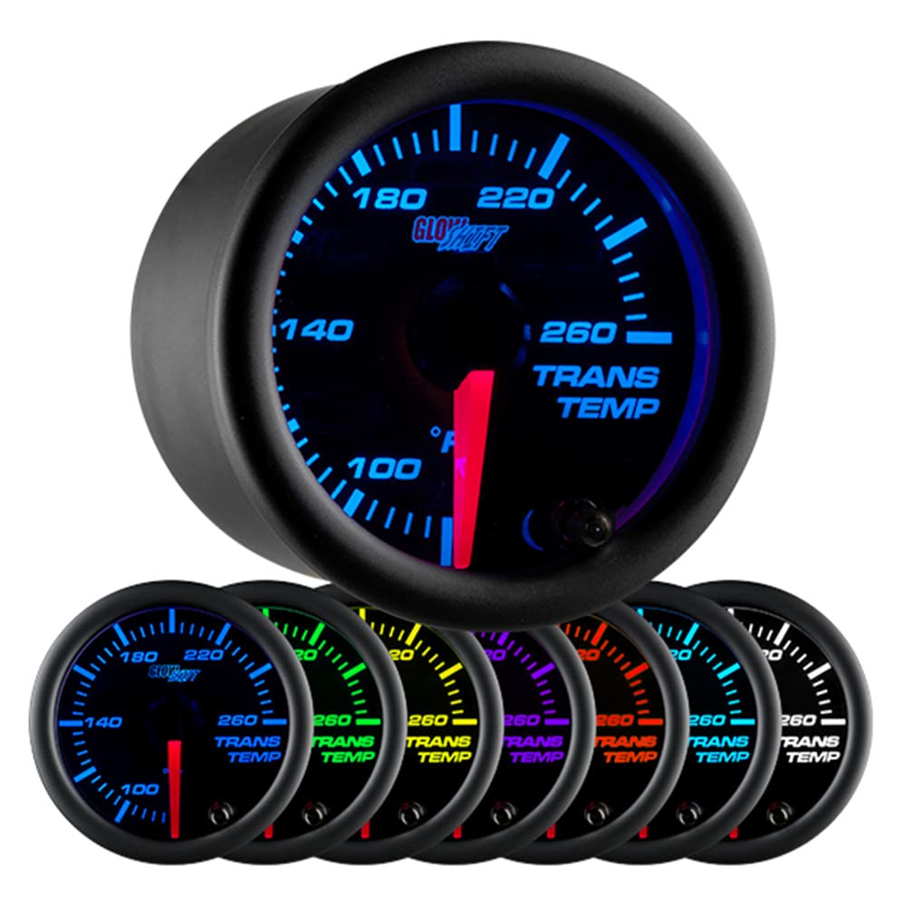 GlowShift Black 7 Color 260F Automatic Transmission Temp Gauge Kit - Includes 1/8-27 NPT Electronic Sensor & Wiring - Multi-Color Display - Black Dial - Clear Lens - for Car & Truck - 2-1/16" 52mm