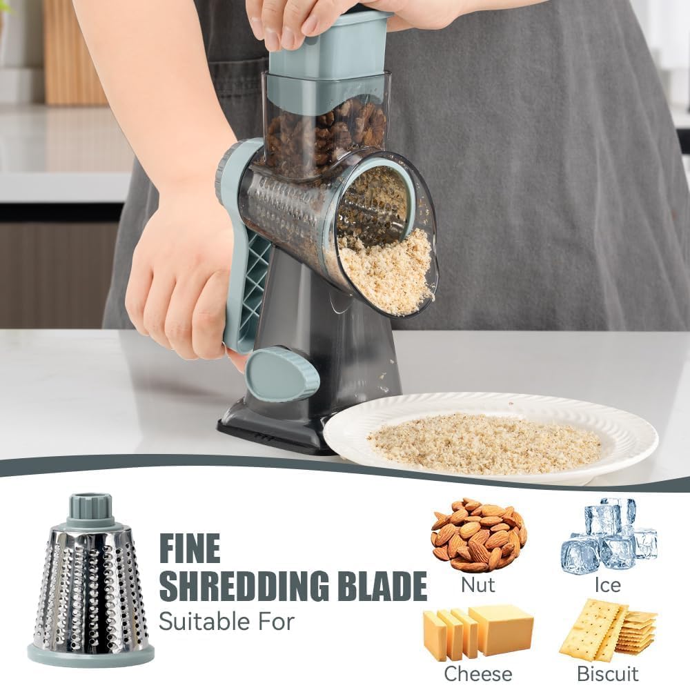 KEOUKE Rotary Cheese Grater Pro 6 in 1 - Shredder Crinkle Slicer Grinder Ice Shaver, Stable Suction, Time-saving Easy Use & Clean, Safe Morden Kitchen Tool for Cheese, Vegetable, Nuts, Chocolate