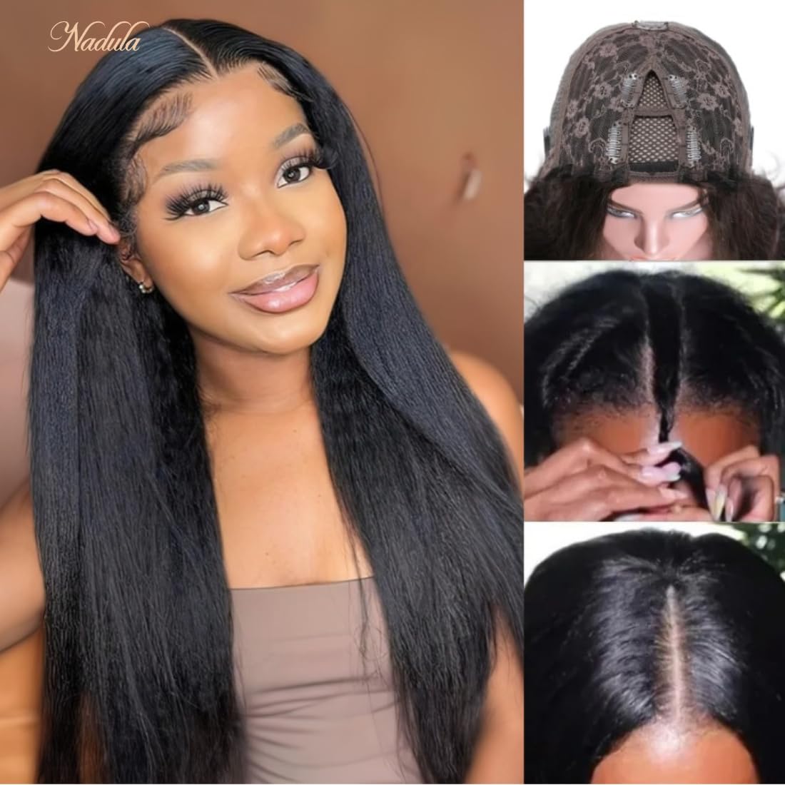 Nadula V Part Wig Yaki Straight Human Hair No Leave Out Glueless Upgraded U Part Wigs for Women,10A Yaki Straight V-part Wigs V Shape Clip in Half Wig Ready to Go 150% Density 16inch