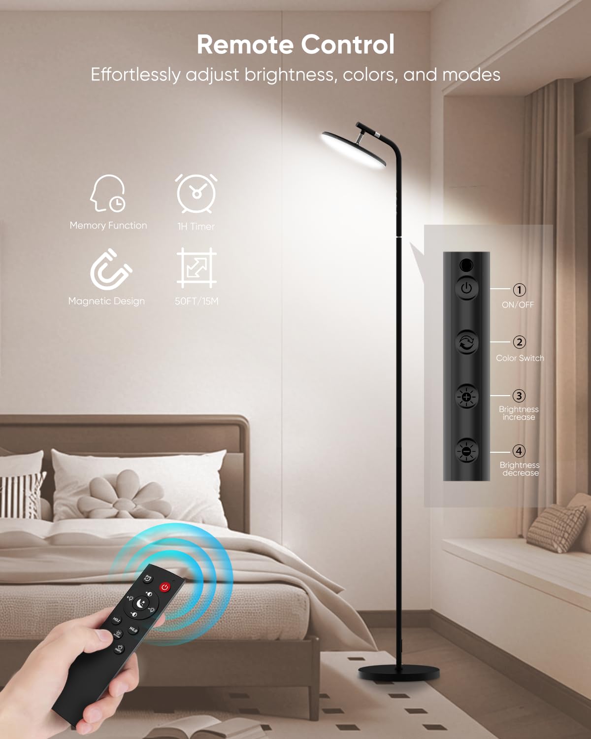 RUNBARRY LED Floor Lamp, 36W Super Bright Standing Lamp with Remote & Touch Control, 69" Stepless Dimmable Torchiere Floor Lamps, 350° Rotating Head Floor Lamp for Bedroom, Living Room, Office, Black