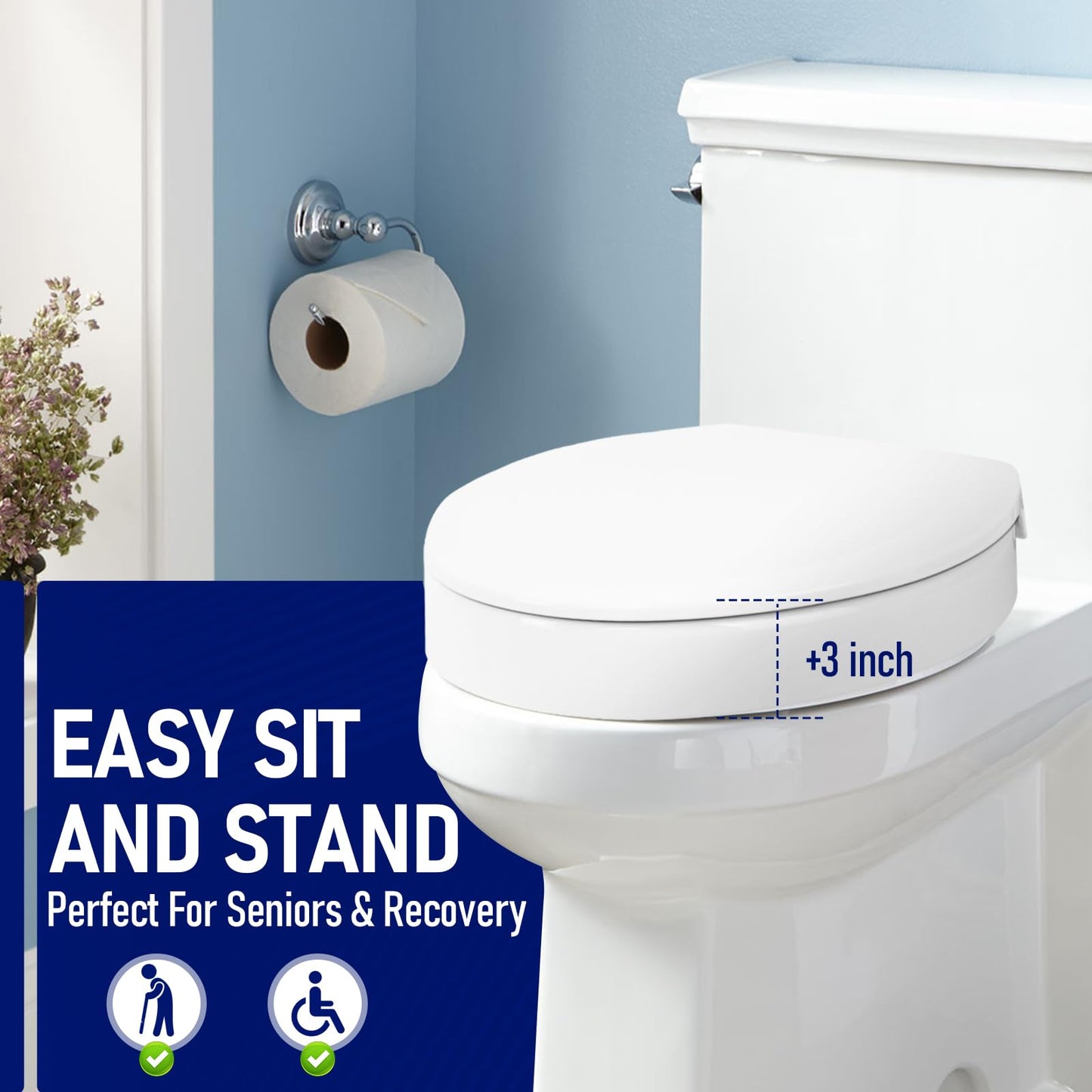 Raised Toilet Seat 3 Inch for Standard Elongated Toilets 18–19 Inch Bowl Length, Not Compatible with Round or One-Piece Toilets, Slow-Close Lid, Non-Slip Stable Design, 772 lb Capacity