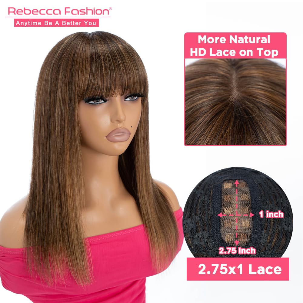 Rebecca Fashion 14 Inch Ombre Blonde Brown Straight Wig with Bangs Human Hair Silky Straight Bang Wig Glueless Minimalist 2.75x1 Lace Scalp Wig for Women Glueless Wear and Go Wigs Brazilian Remy Hair