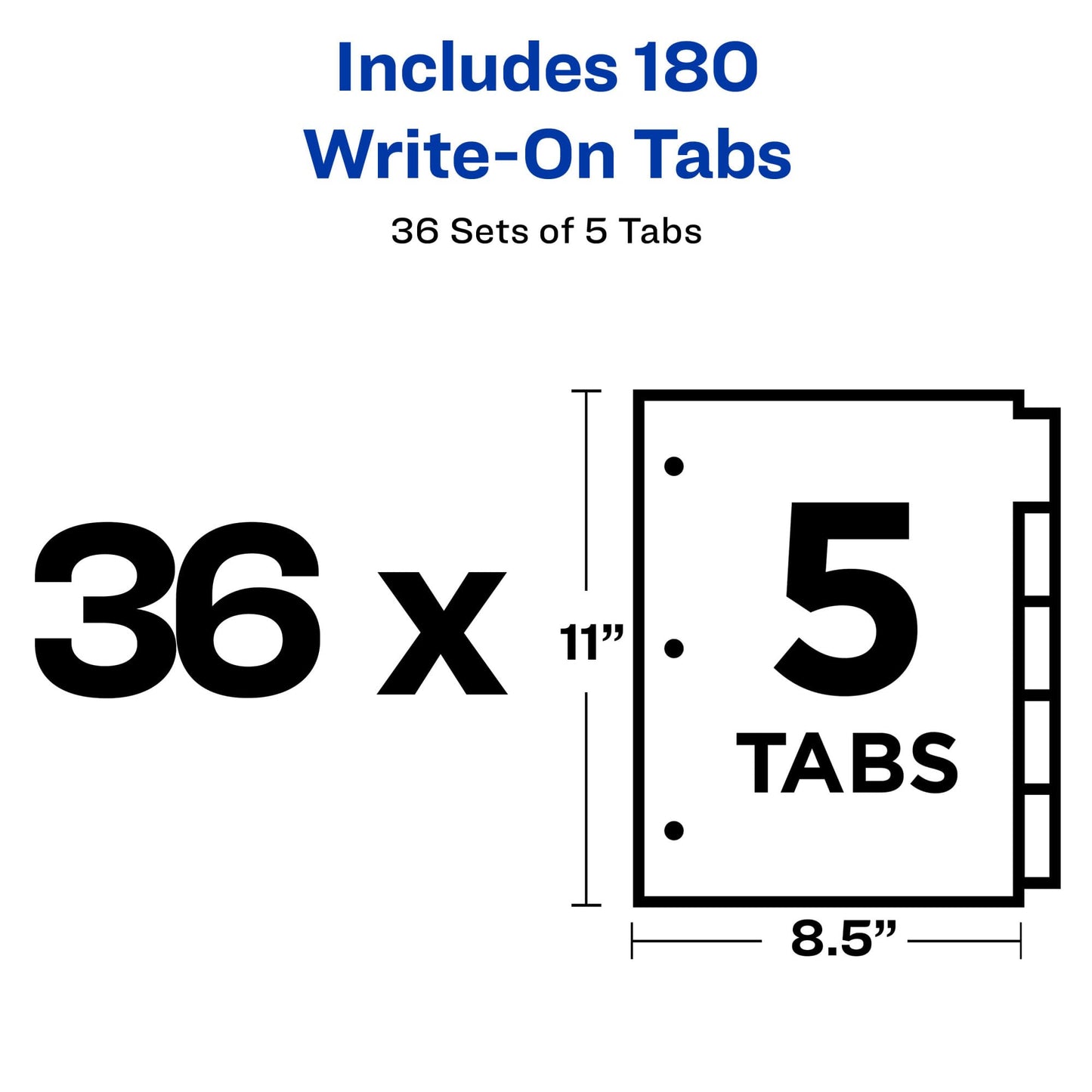 Avery Binder Tabs Divider – Bulk 5‑Tab Write‑On Design, Tear‑Resistant Reinforced Holes, Fits Standard 3‑Ring Binder, White Recycled Index Paper, 36 Sets – Ideal for Students & Offices