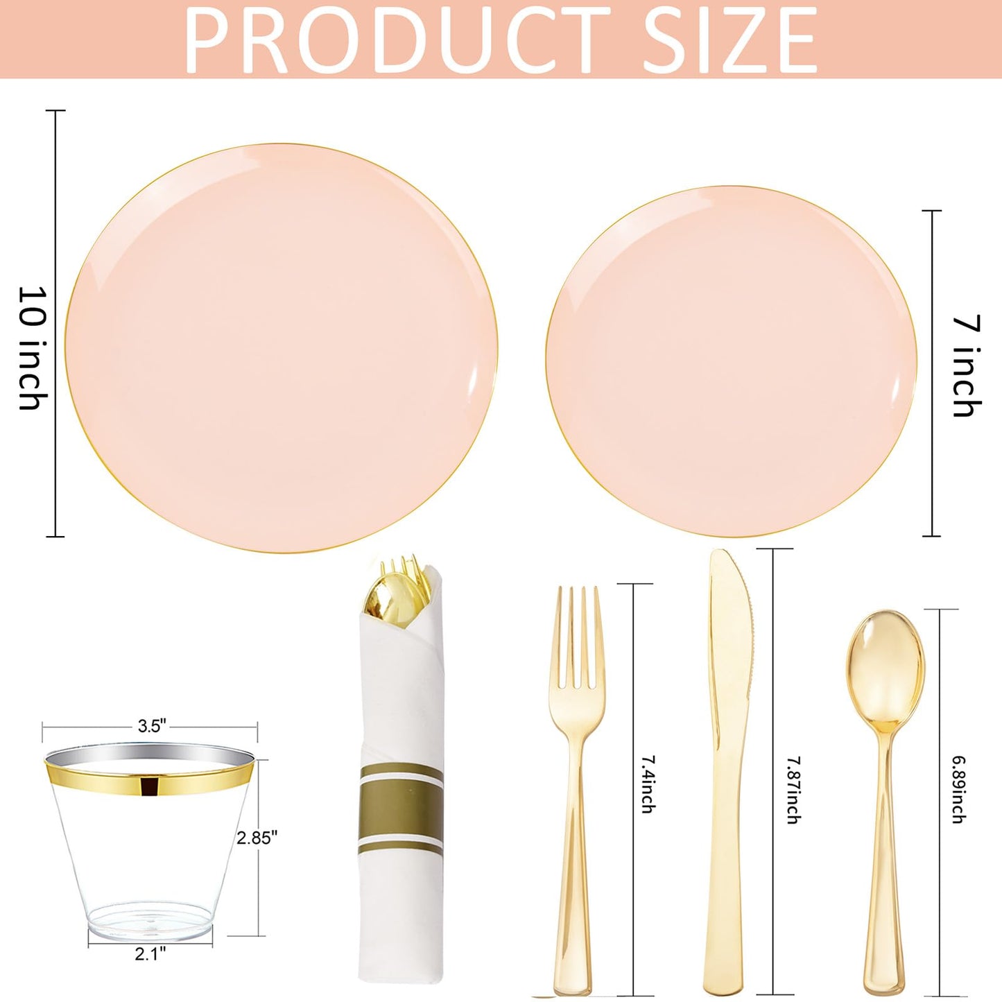 KIRE 175PCS Pink Plates Disposable - Heavy Duty Pink and Gold Plastic Plates Dinnerware Sets - 25 for Dinner 25 for Dessert 25 Pre Rolled Napkins 25Cups for Spring/Wedding/Party/Baby Shower