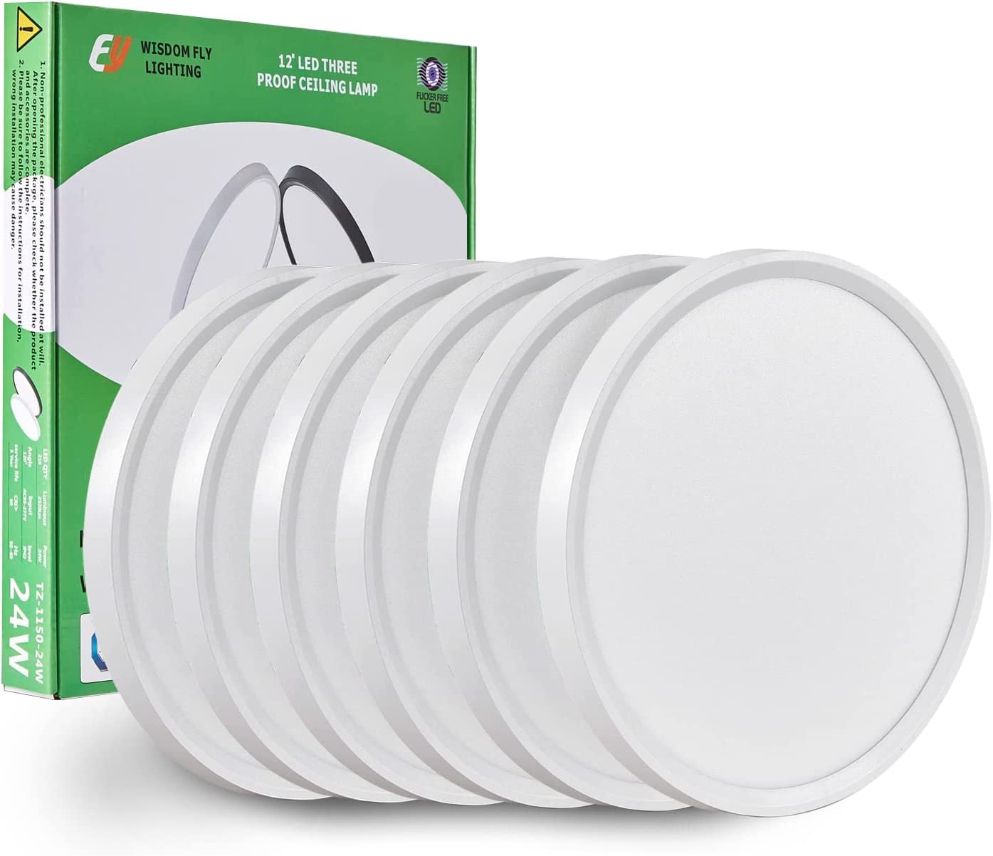6PK 12 Inch LED Flush Mount Ceiling Light, 24W, 2520LM, 3000K/4000K/6000K CCT Selectable, Round Flat Panel Light Low Profile Ceiling Light Fitures for Hallway, Kitchen, Bedroom, Laundry Room