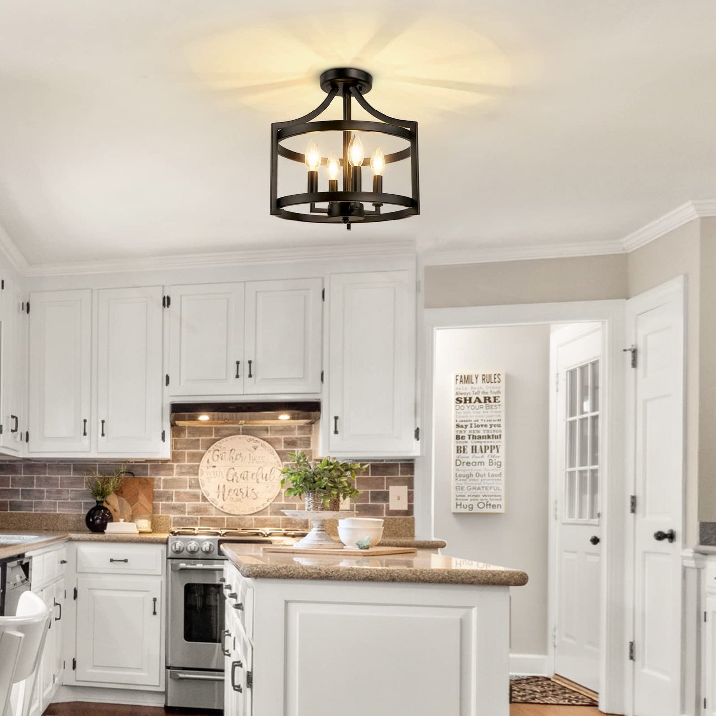 WBinDX 4-Light Farmhouse Chandelier, Modern Hanging Pendant Lighting, Convertible Semi Flush Mount Ceiling Light Fixture Rustic Vintage Black Chandeliers for Dining Room Kitchen Foyer Entryway