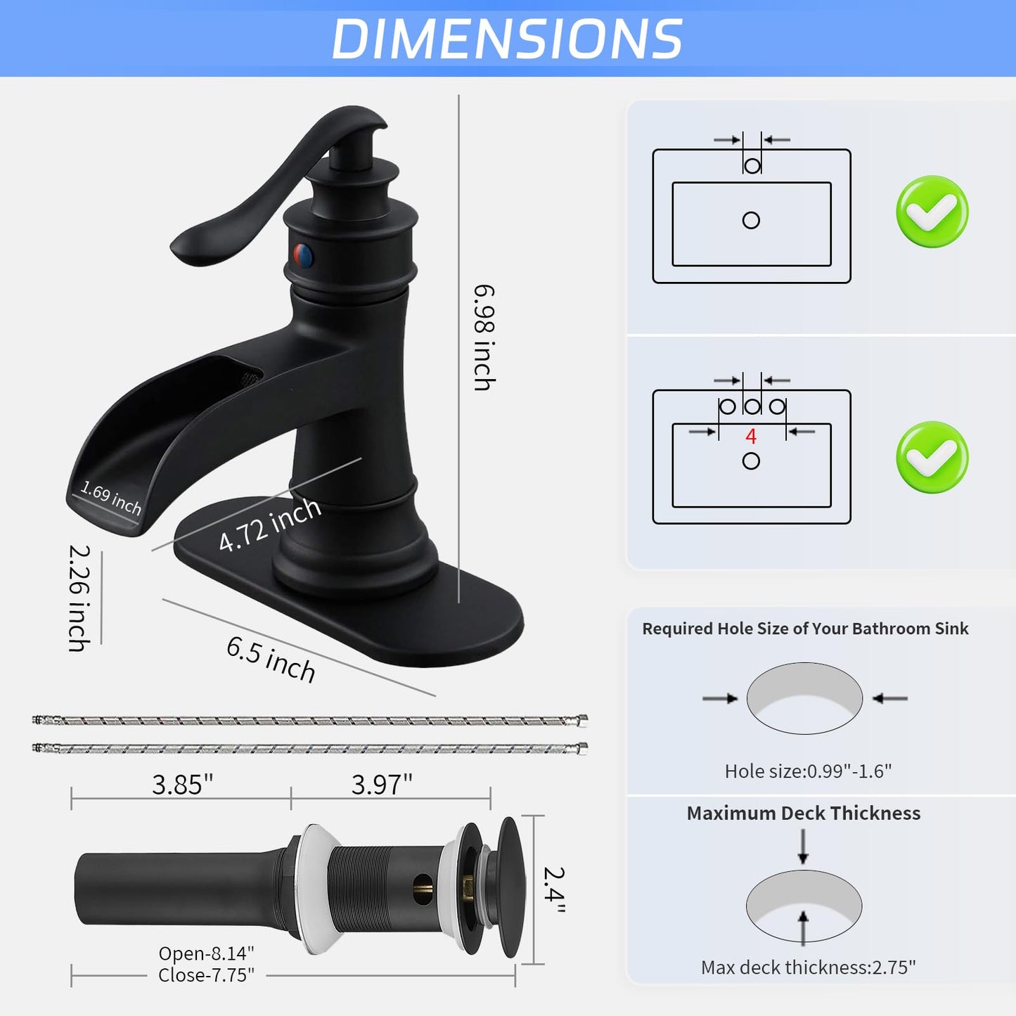 BWE Matte Black Bathroom Faucet, Waterfall Bathroom Faucet Sink Lavatory Single Hole Faucets One Handle Bath Antique with Brass Pop Up Drain Stopper Mixer Tap Overflow Water Supply Line