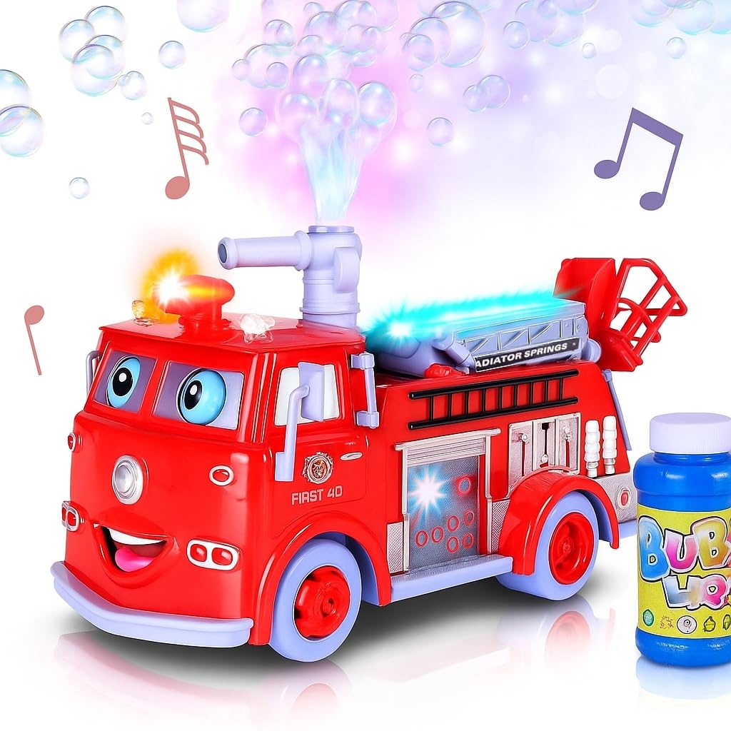 ArtCreativity Bubble Blowing Fire Engine Toy Truck for Kids - Awesome Light Up LED and Siren Effects - Bubble Solution and Funnel Included - Best Birthday Gift for Boys and Girls 5+
