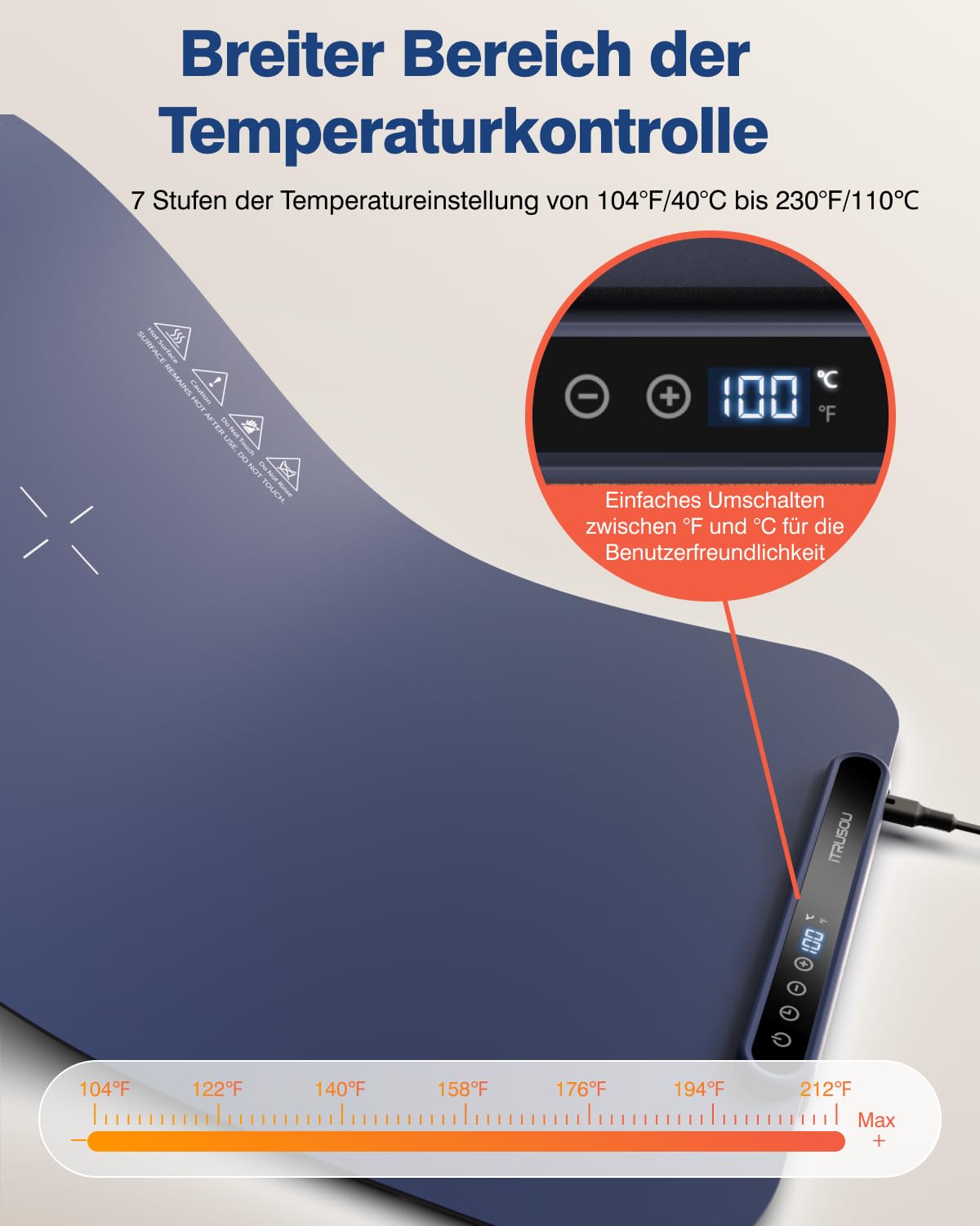 Food Warming Mat, iTRUSOU 27.5x16'' Electric Warming Tray with 7 Temp-Settings, 1-99h Flexible Timer, Switchable °F/°C, Rollable Food Warmer Keep Food Warm at Buffet, Party, Sabbath, Daily Use