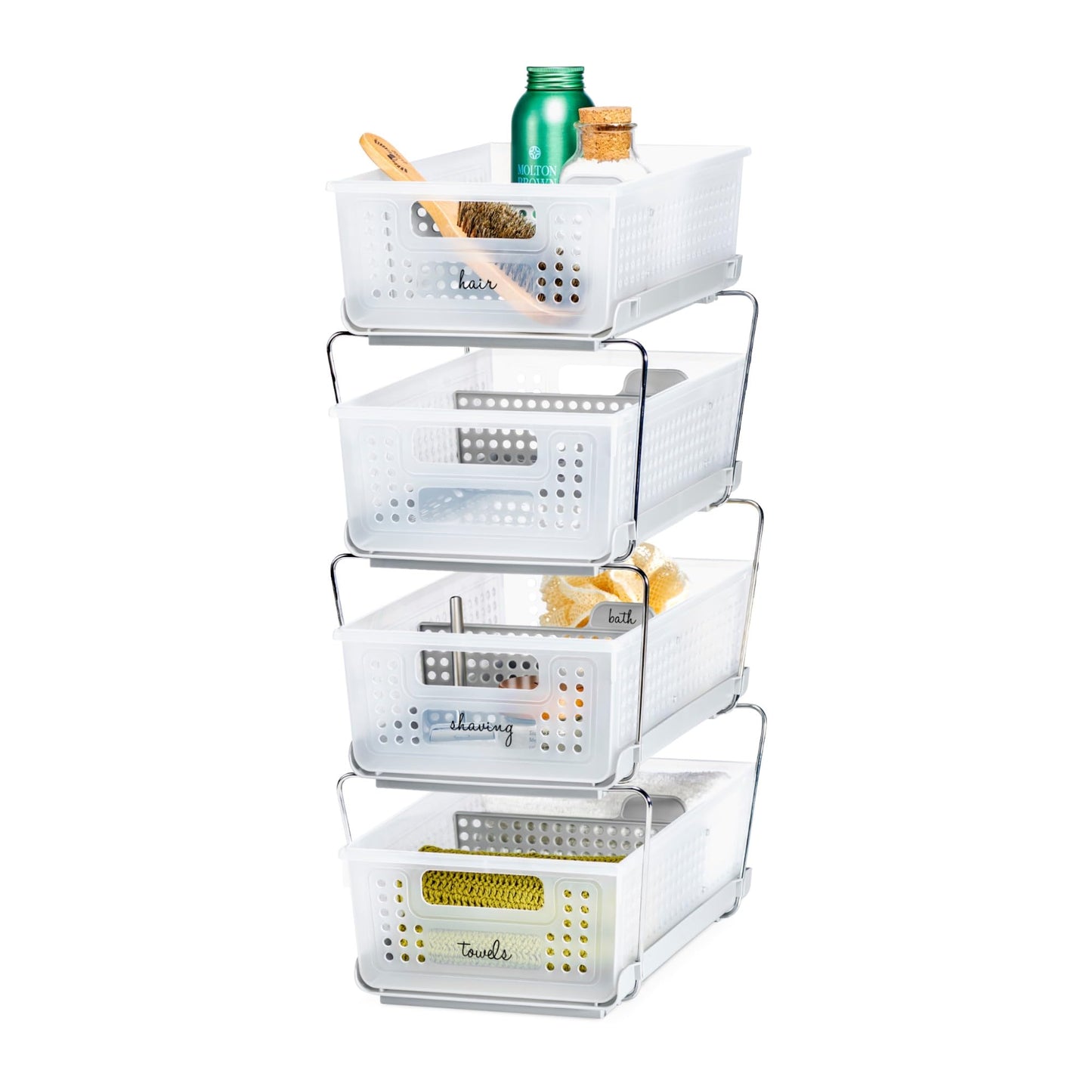 madesmart Stackable 2-Tier Organizer, 2 Pack, Multi-Purpose Slide-Out Storage with Extra Set of Legs, Handles and Dividers for Home and Bath, BPA Free, Frost 2 PACK