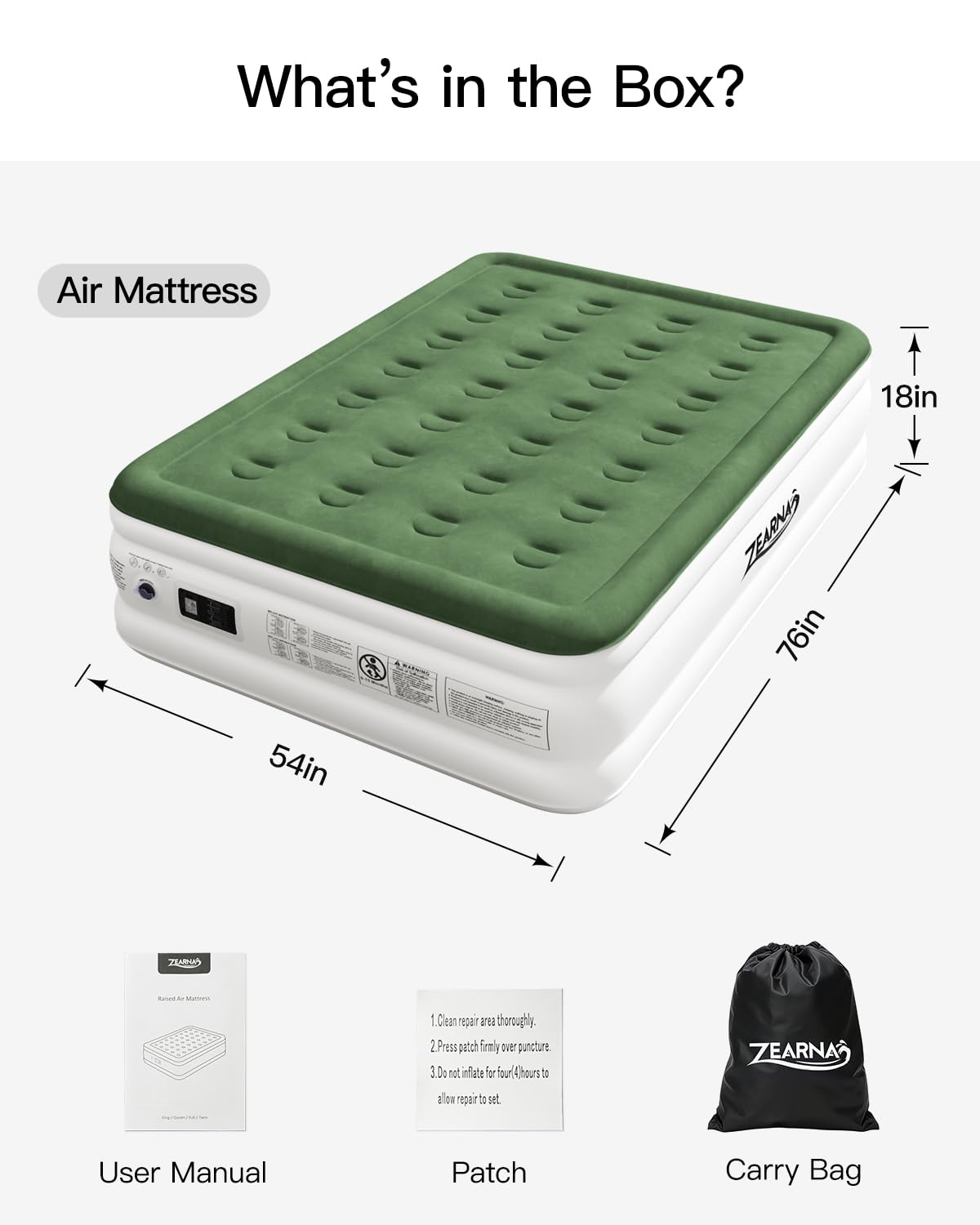 Zearna Full Size Air Mattress with Built in Pump, 18" Raised Comfort Air Bed, Upgraded Flocked Top Blow up Mattress with Carrying Bag, Inflatable Mattress for Guests & Home, AirBed, 650 lbs Max