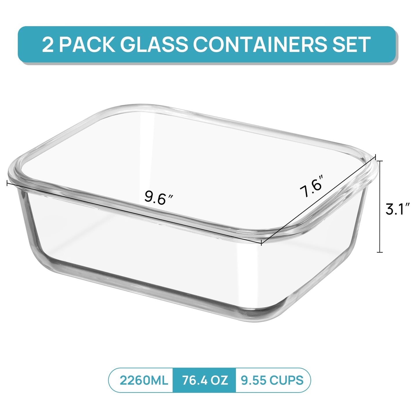 Vtopmart 2Pack 2260ml/ 76.4oz Large Glass Storage Containers with Lids, Meal Prep Food Container Set with Snap Airtight Lid for Baking, Microwave, Oven, Leak Proof, for Freezer, Dishwasher, Grey