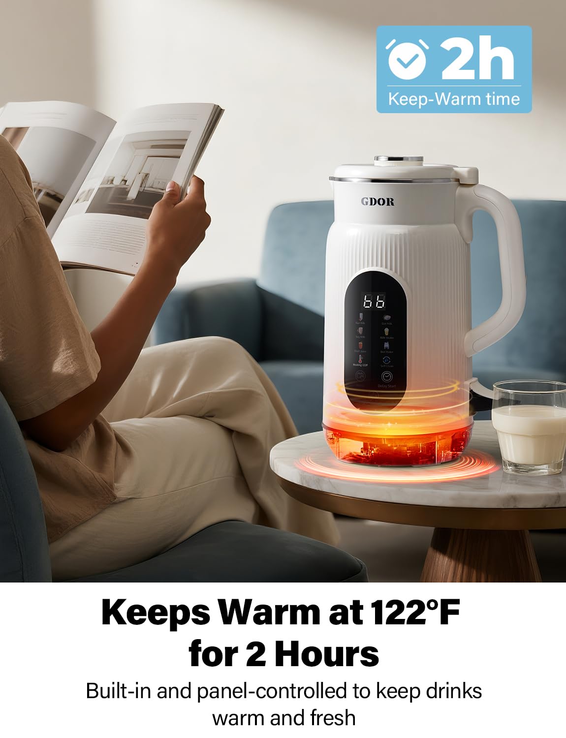 GDOR 42oz Smart Nut Milk Maker, 9-in-1 Plant Milk Machine for Almond, Oat, Soy, Juice & Smoothie, Large Touch Display Blender with Keep Warm, Boil Water, 12H Delay and Self-Cleaning
