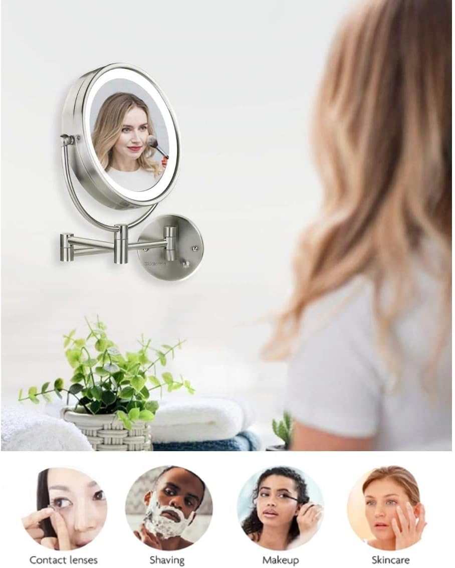 OVENTE 9" Lighted Wall Mount Makeup Mirror with 1X/7X Magnification, Double Sided Magnifying Vanity Mirror, LED Glow Light, 360° Swivel Design, Extendable & Folding Arm, Nickel Brushed MPWD3185BR1X7X
