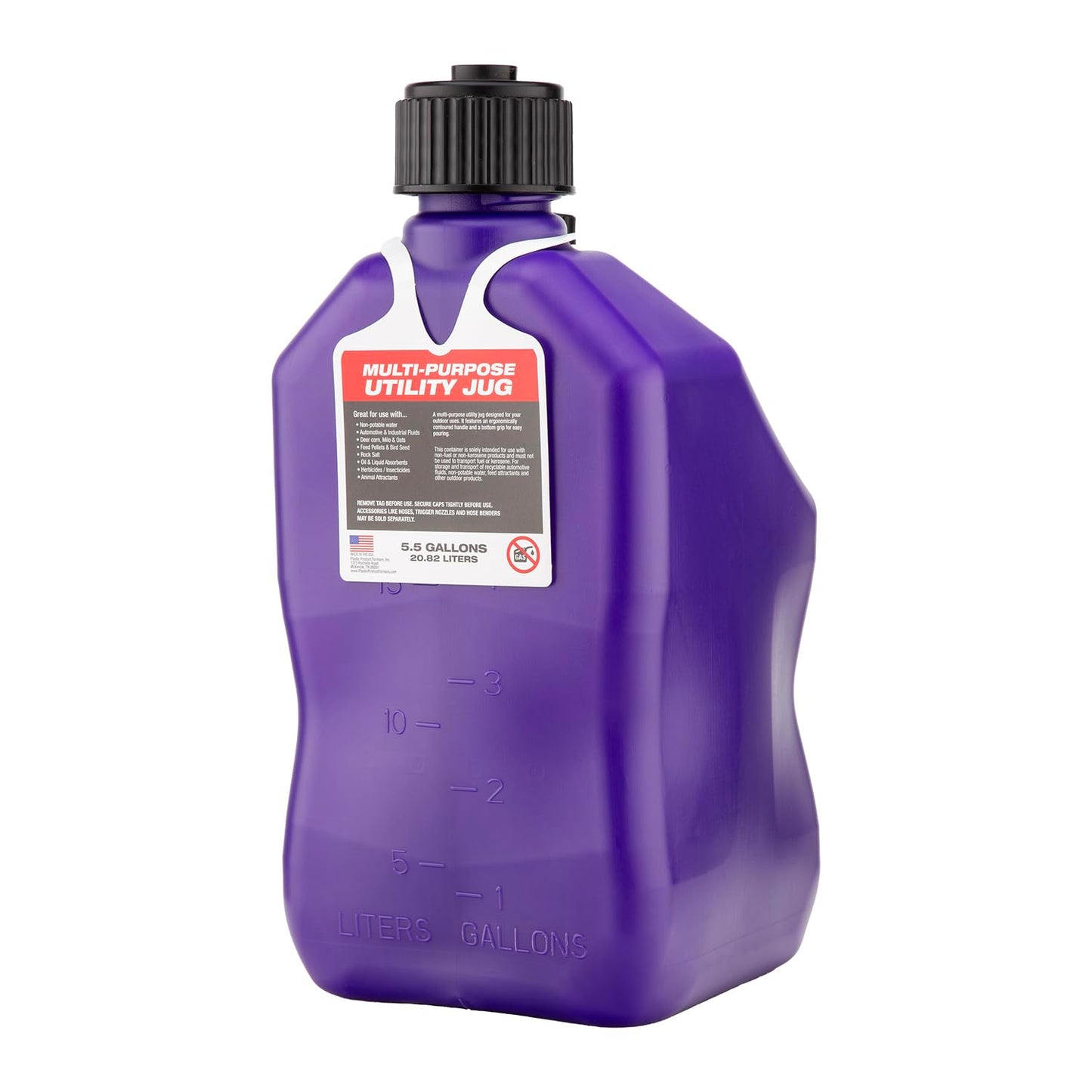 VP Racing 3612-CA, 5.5-Gallon Square Motorsport Jug Translucent Purple w/ 14" Deluxe Hose Close-Trimmed Cap and Neck for Tight Seal (1 Pack)