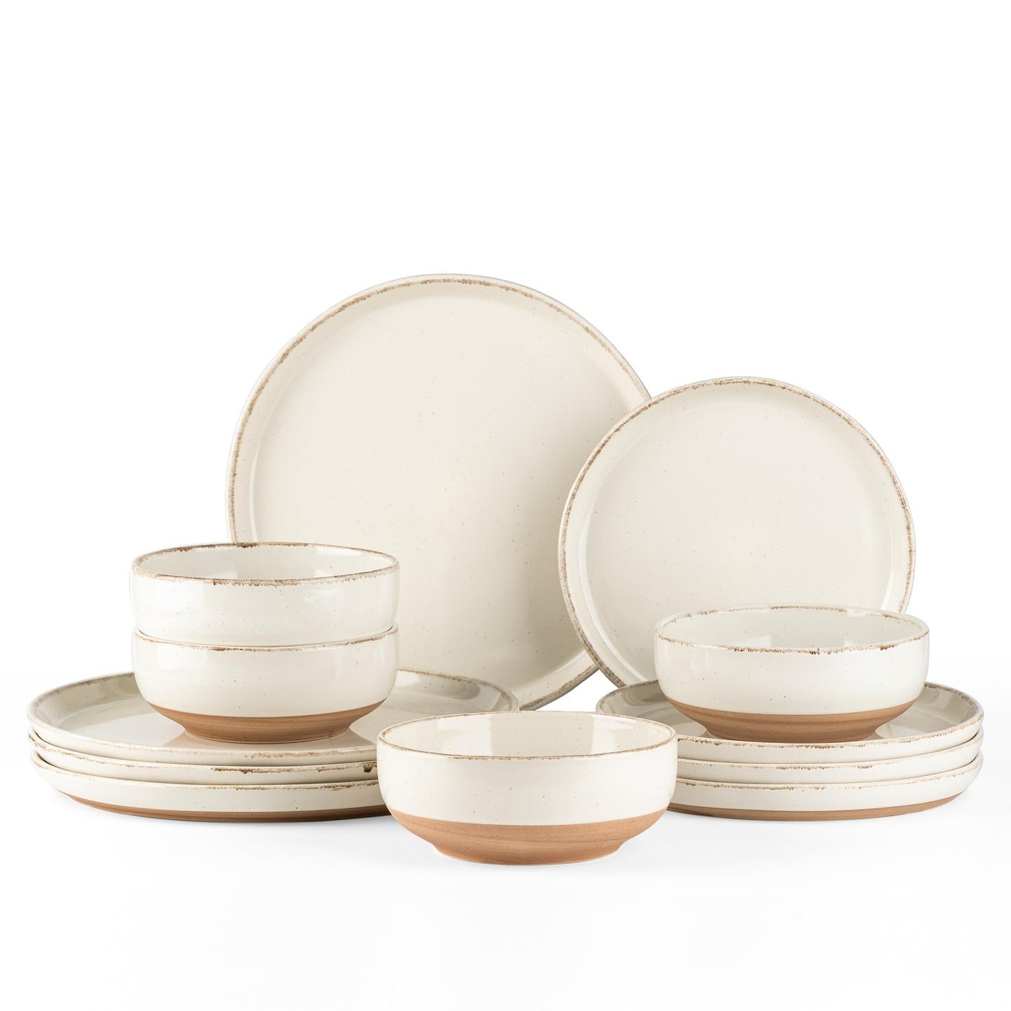 AmorArc Ceramic Dinnerware Sets for 4, 12 Pieces Handpainted Plates and Bowls Set with Rustic Terracotta Underside, Scratch Resistant Stoneware Dishes Set, Dishwasher & Microwave Safe, Beige