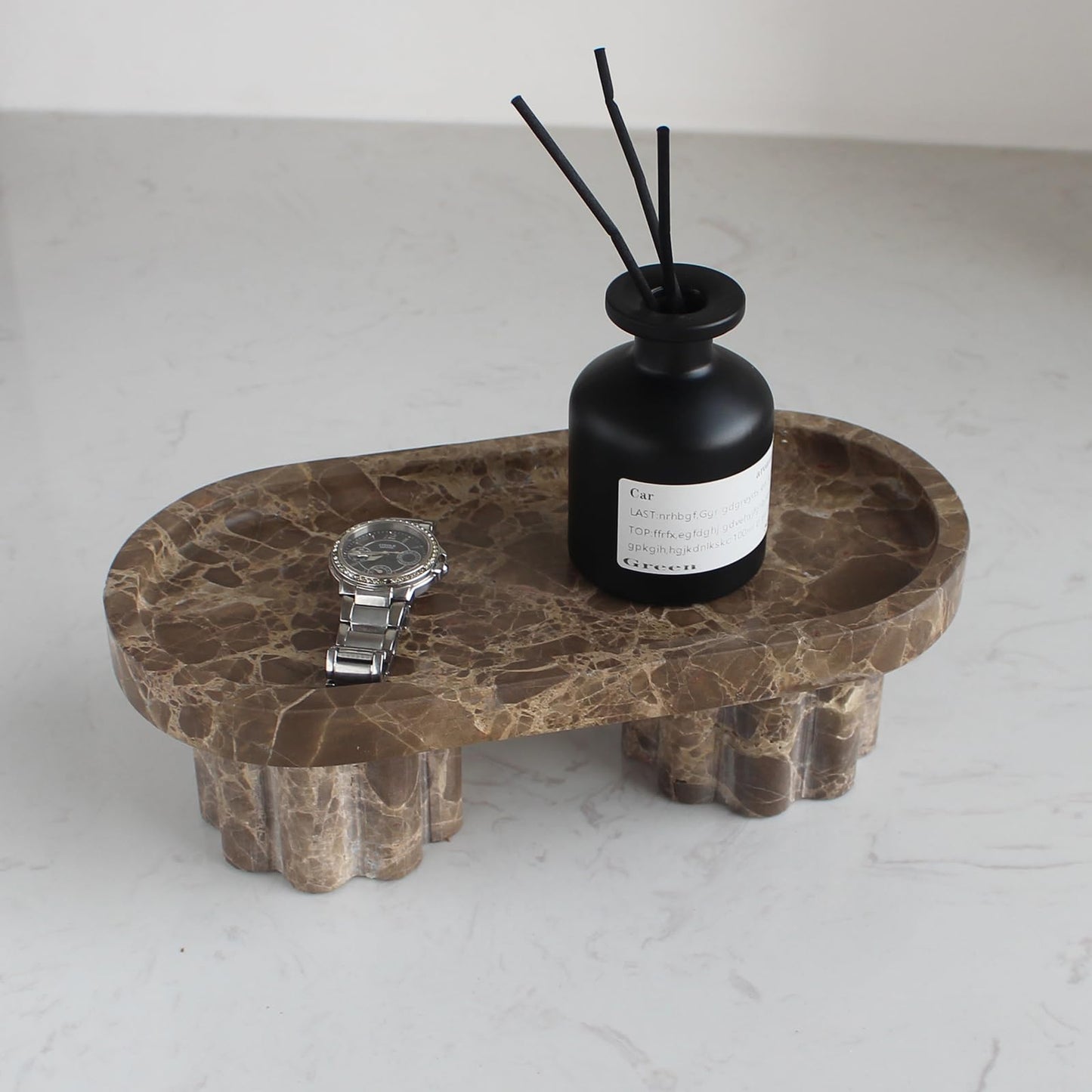 Natural Travertine Marble Oval Tray with 2 Legs, 10" Vanity Decorative Tray for Countertop Organizer, Catchall Tray for Perfume, Candles, Jewelry Dishv