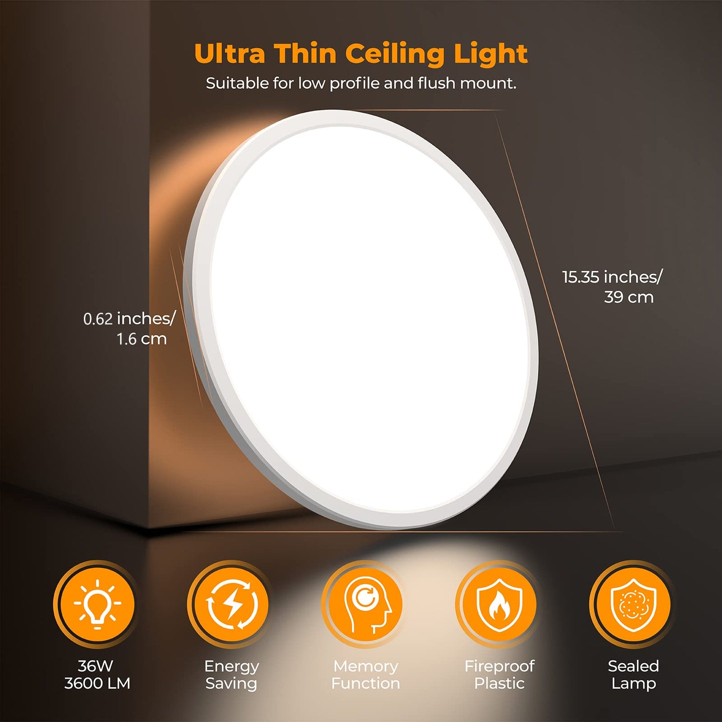 BLNAN LED Flush Mount Ceiling Light with Remote Control, 15.4 Inch 36W 3000K-6500K Dimmable Ultra Thin Low Profile Wired Ceiling Lamp with Night Light for Living Room Bedroom Kitchen