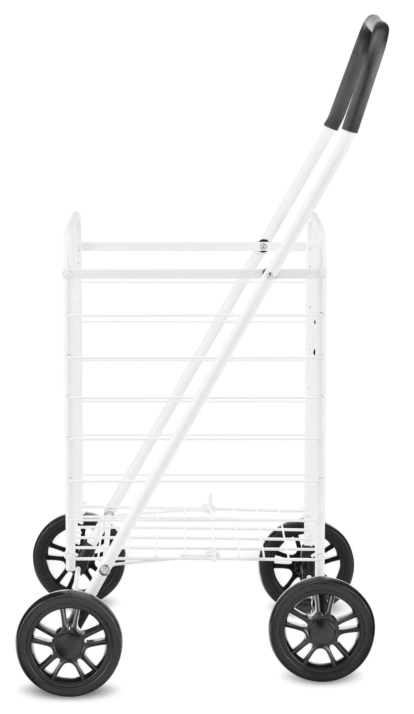 Whitmor Folding Utility Shopping Cart with Wheels, Heavy Duty Metal Grocery Cart, Portable Foam Handle, Rolling Collapsible Trolley for Groceries, Laundry, Storage, White