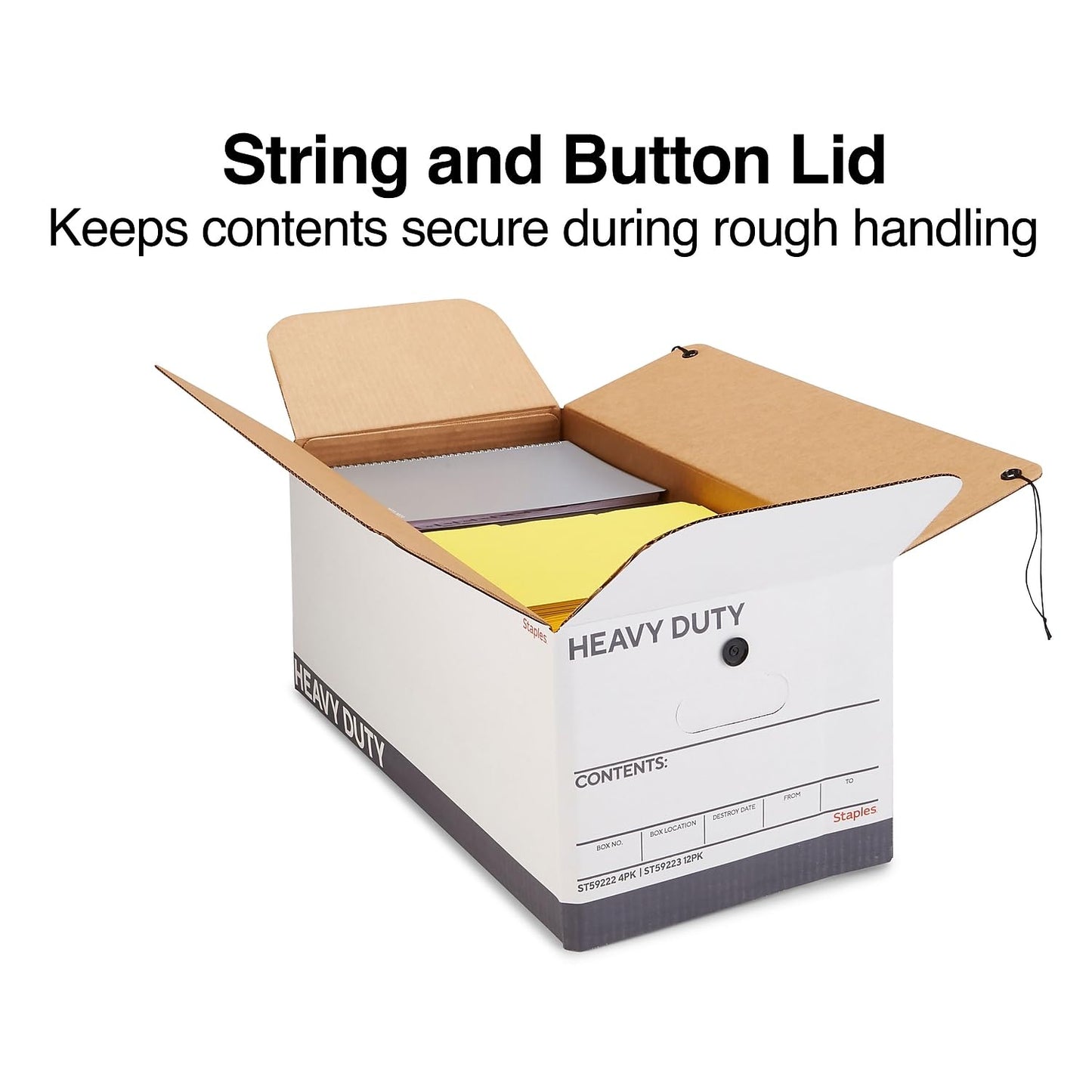STAPLES Storage & Filing Box, Heavy-Duty with Handles & String-Button Lid, Letter Size Documents, Stackable, 4-Pack, White/Gray
