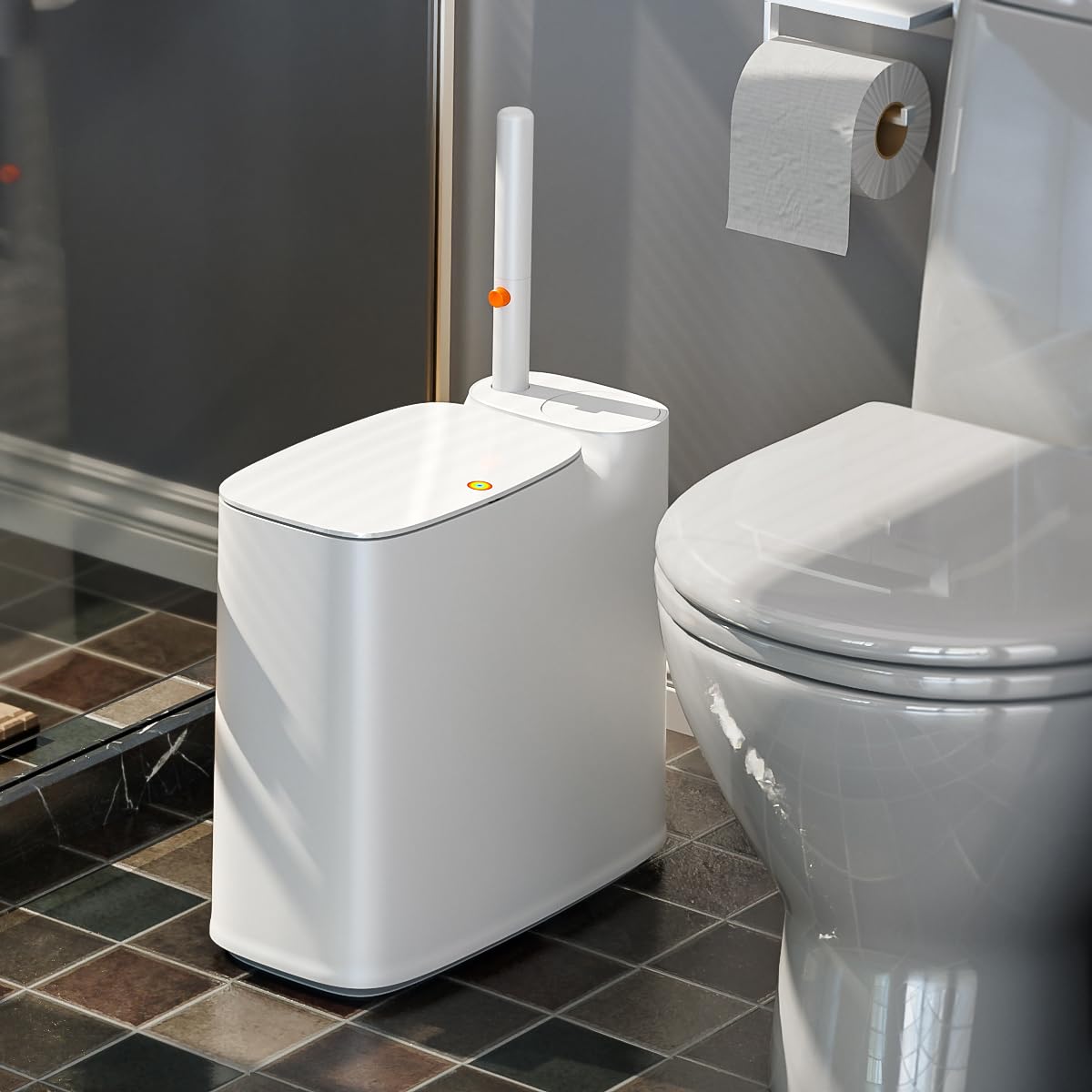 CTIME Bathroom Trash Can Set - Narrow White Plastic Small Trash can, a Toilet Wand, Toilet Brush Holder and 36 Refills, 2 Gallon Trash can with pop-up lid, Suitable for bathrooms and Small Toilets.