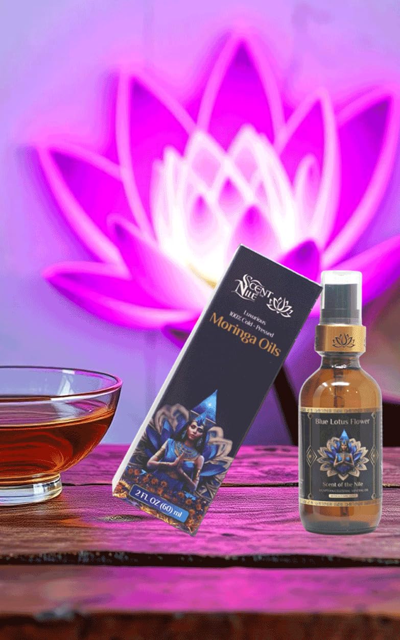 100% Pure Moringa Oil blended with Blue Lotus Flower Essential Oil and Ormus Gold, Premium Pure Moringa Seed Oil for Radiant Skin, Nourishing & Hydrating Face, Hair, Nails, and Body - 2oz. (60ml)