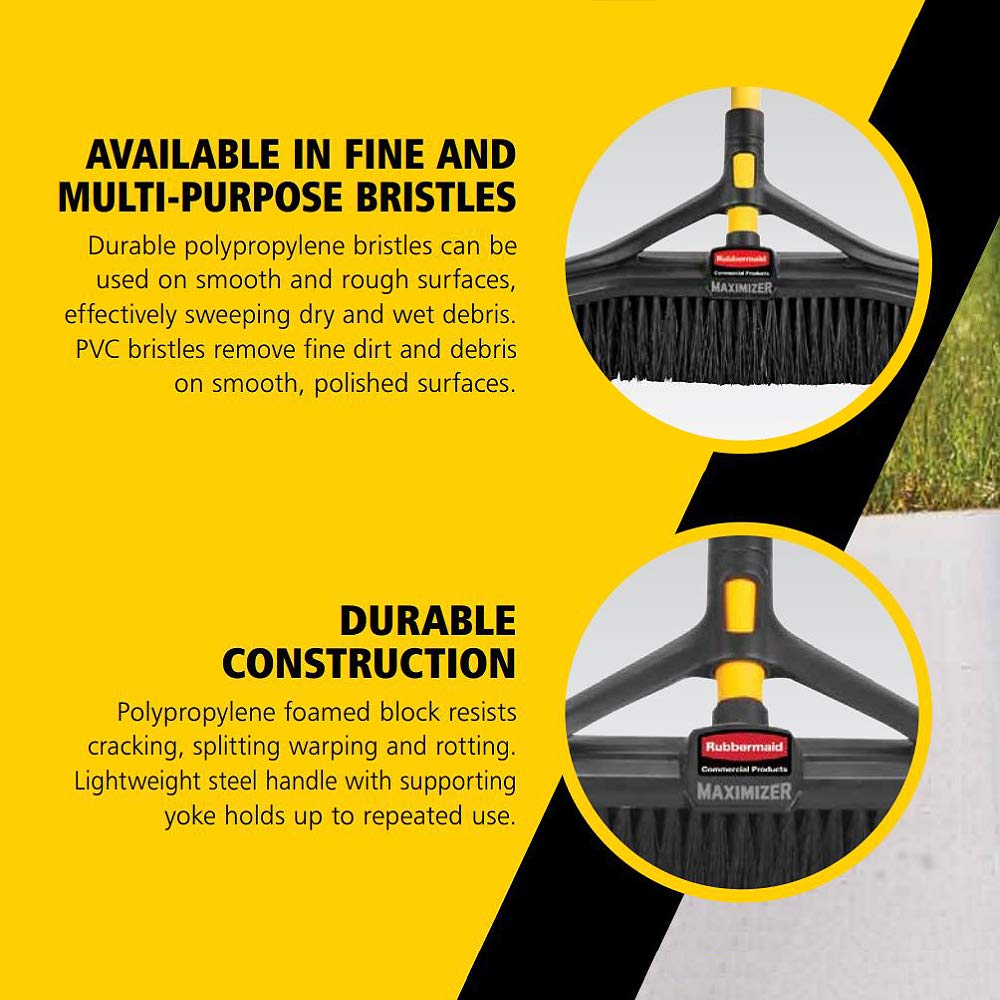Rubbermaid Commercial Products Maximizer 36" Push to Center Push Broom Polypropylene Fill Black Angled Sides Medium Bristles for Indoor/Outdoor Multi-Surface Use