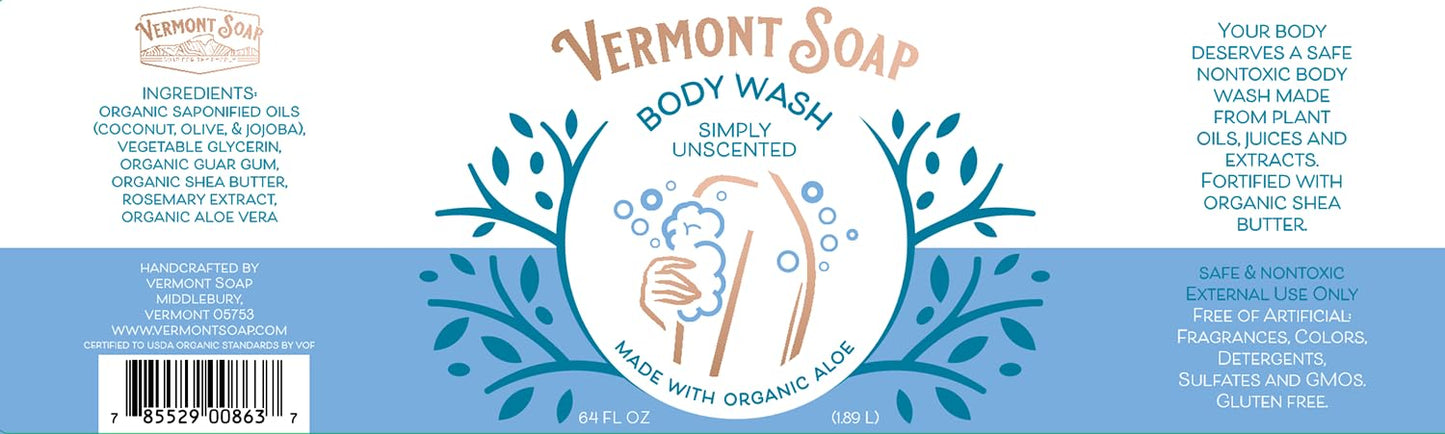VERMONT SOAP Body Wash, Natural Body Wash with Shea Butter, Mild Gel Body Wash for Moisturizing and Soothing Skin, Fragrance Free Body Wash for Women & Men (Simply Unscented, 64oz)