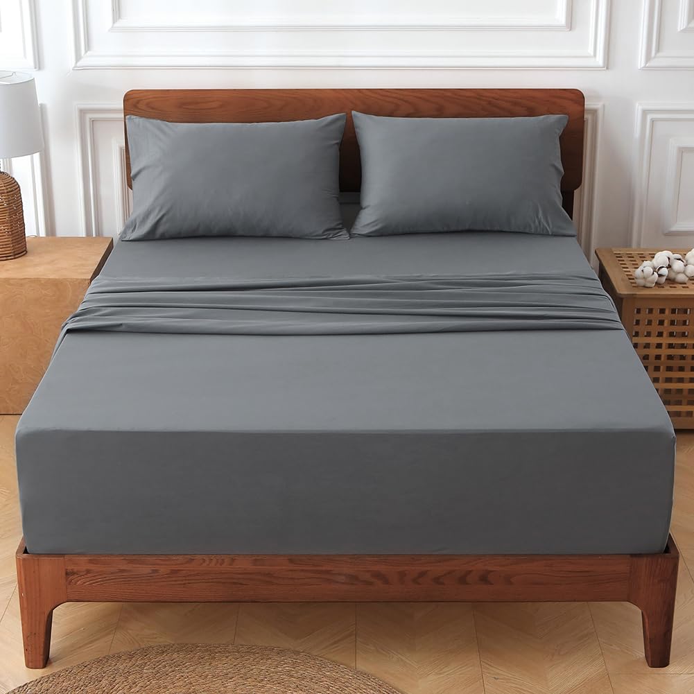 HYPREST Extra Deep Pocket Queen Sheet Sets Fits 18"-24" in Deep Mattress -100% Cotton Queen Sheet Set,Grey Hotel Luxury Soft Wrinkle Free Cooling Sheet Sets for Queen Bed Deep Pocket