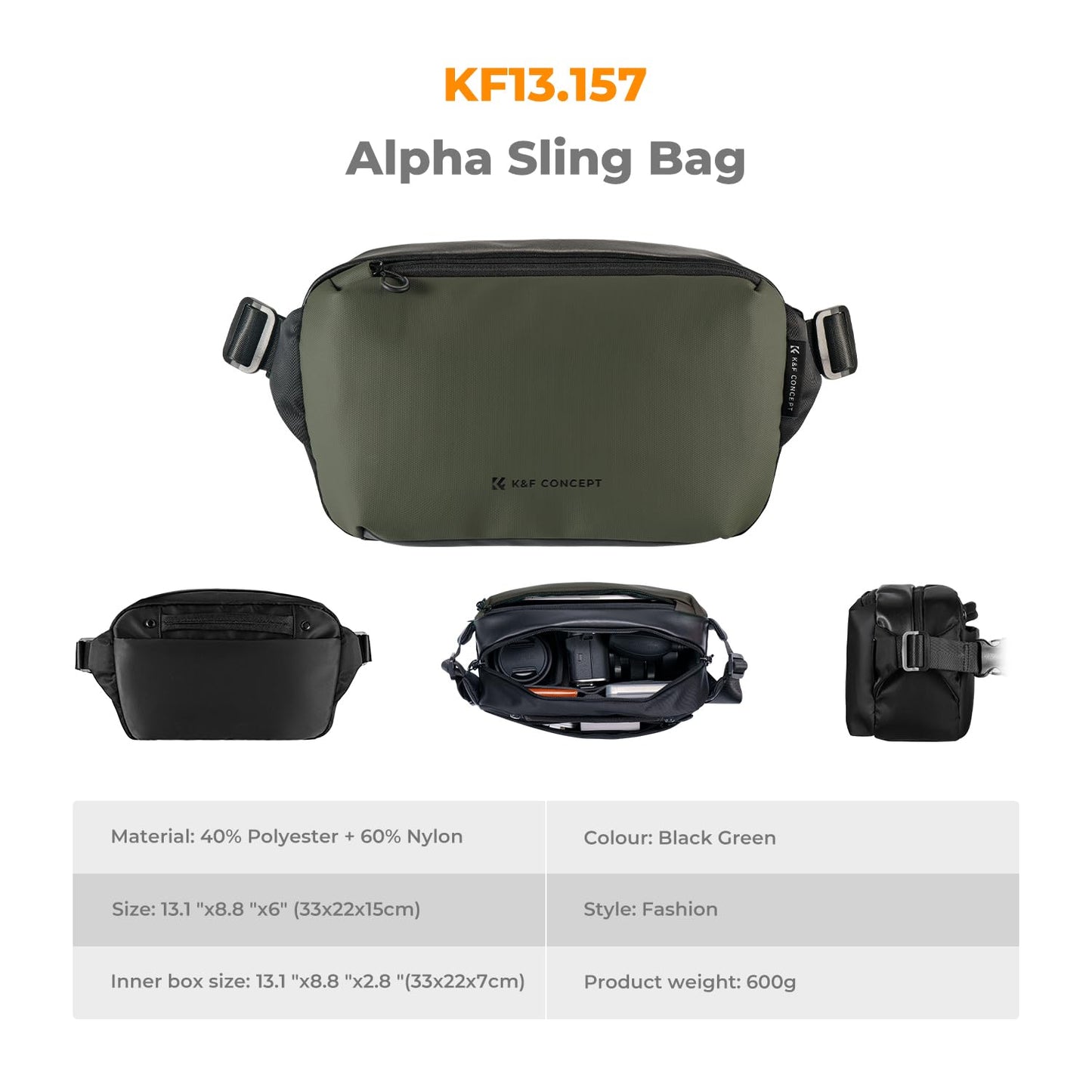 K&F Concept 2 in 1 Sling Bag Everyday Shoulder Bag & Multifunction Photography Crossbody Camera DSLR Backpack Portable Bag Black-Green
