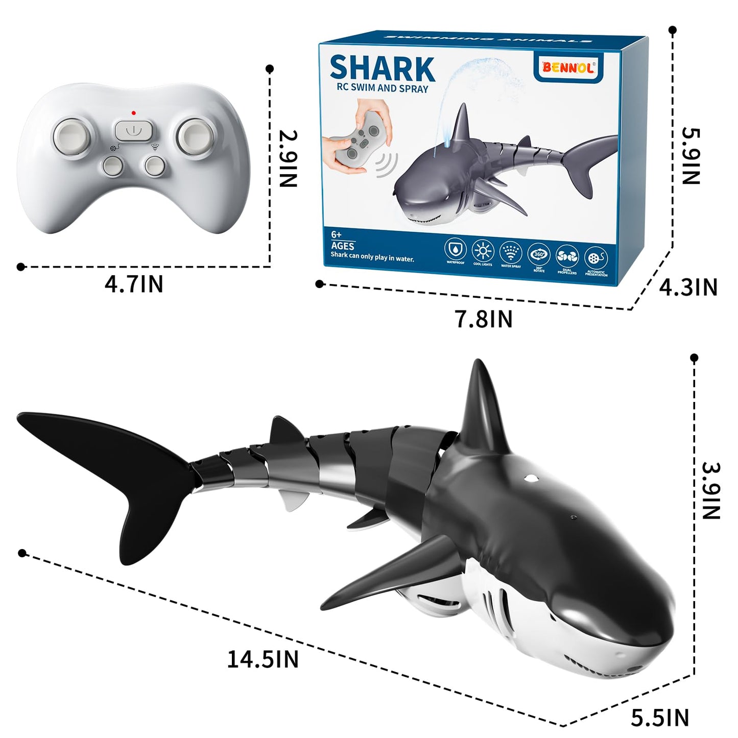 Bennol 2.4Ghz Remote Control Shark Toys for Boys Kids, 1:18 Scale High Simulation Shark for Pool, Electric RC Sharks Fish Toys with Light & Spray Water Function for 4 5 6 7 8 9 Year olds Kid Boys