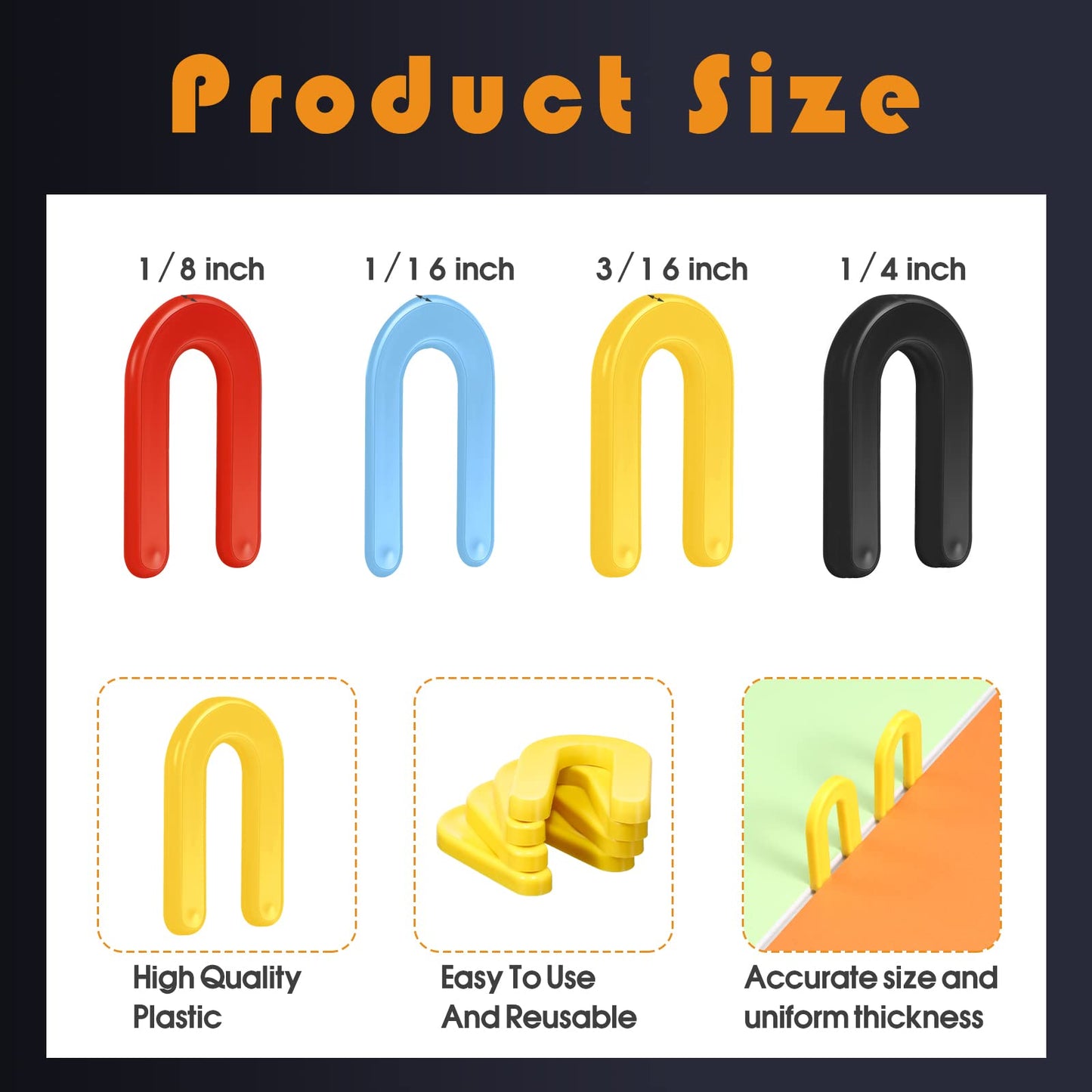 1000 Pcs Horseshoe Shims Plastic Shims U Shaped for Leveling, 1/4 Inch, 3/16 Inch, 1/8‘’, 1/16‘’, Black, Yellow, Red, Blue