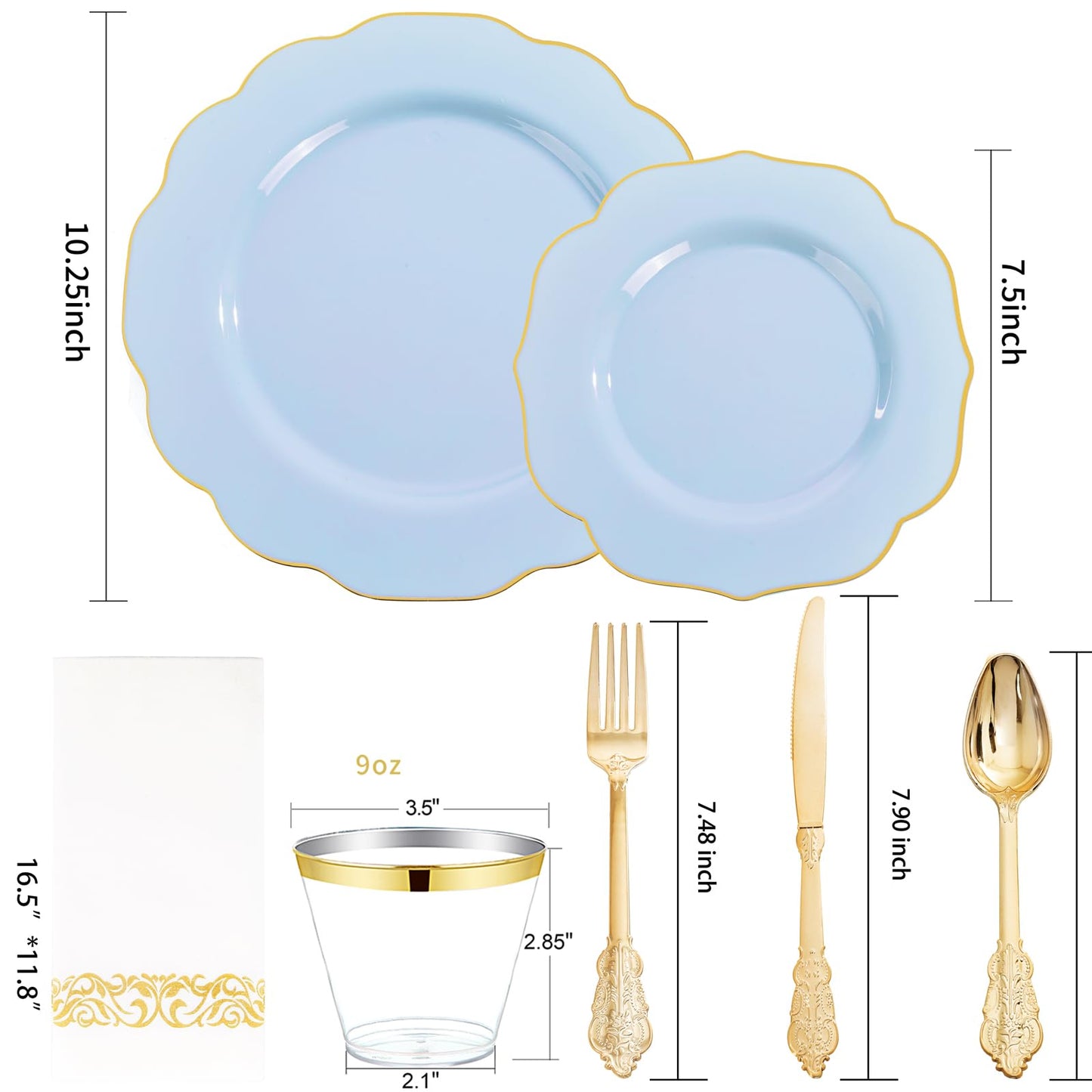 NOCCUR 175PCS Blue Plastic Plates with Gold Disposable Silverware - Include 50 Light Blue and Gold Plastic Plates,25 Knives,25 Forks,25 Spoons,25 Cups and 25 Napkins - Baby Shower/Party/Spring/Wedding