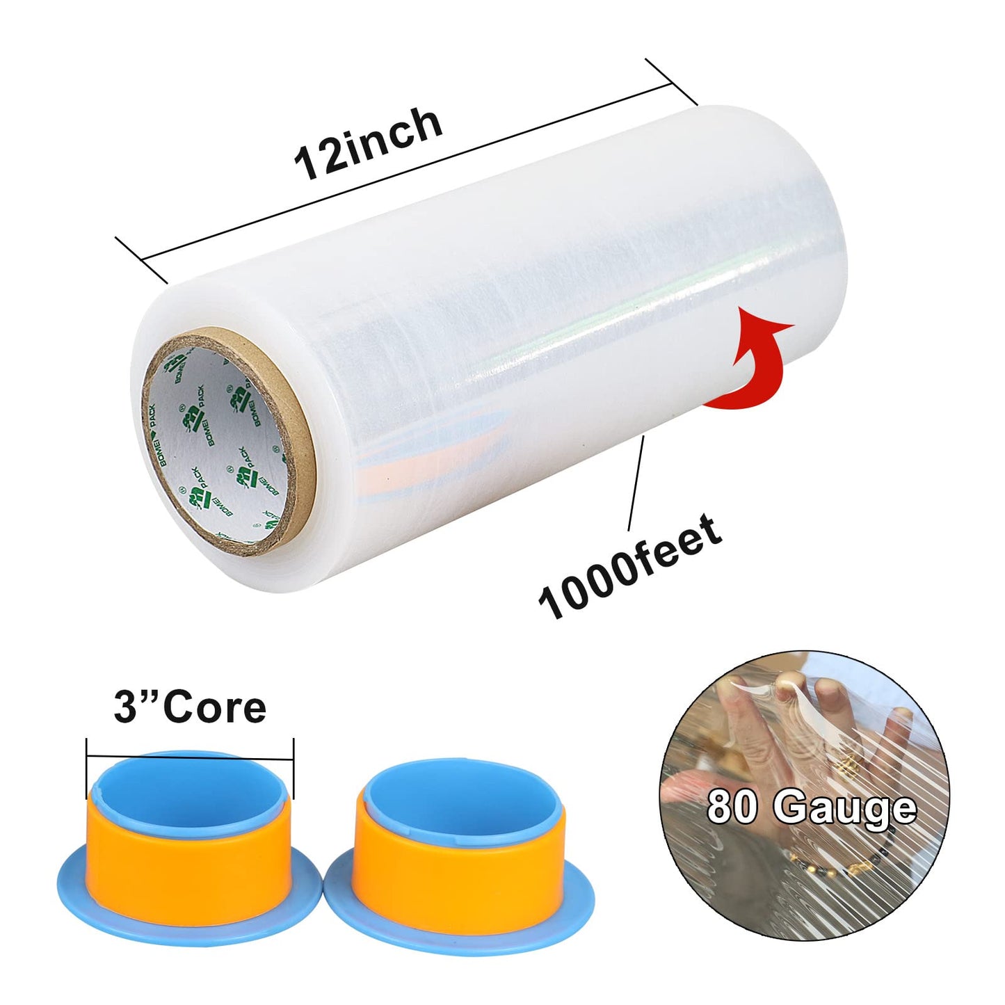 BOMEI PACK Clear Stretch Wrap Industrial Strength 12" x 1000 Ft 3 Pack - 80 Gauge Thick - Clear Plastic Cling, Stretch Film Rolls for Packaging Moving Packing Pallets