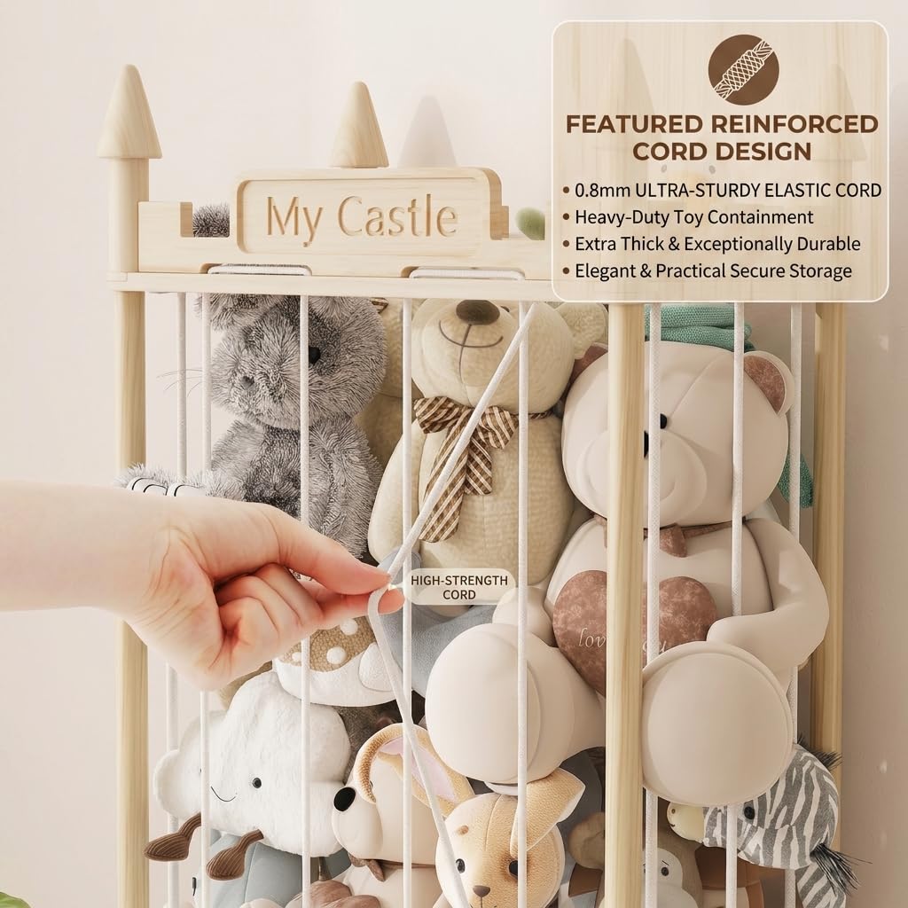 Topbooc Knot-Free Wooden Stuffed Animal Storage Tower with Pre-Installed Cords, Montessori Stuffed Animal Zoo Furniture with Castle Top & Toy Chest, 57" Hand-Sanded Natural Wood (Montessori Castle)