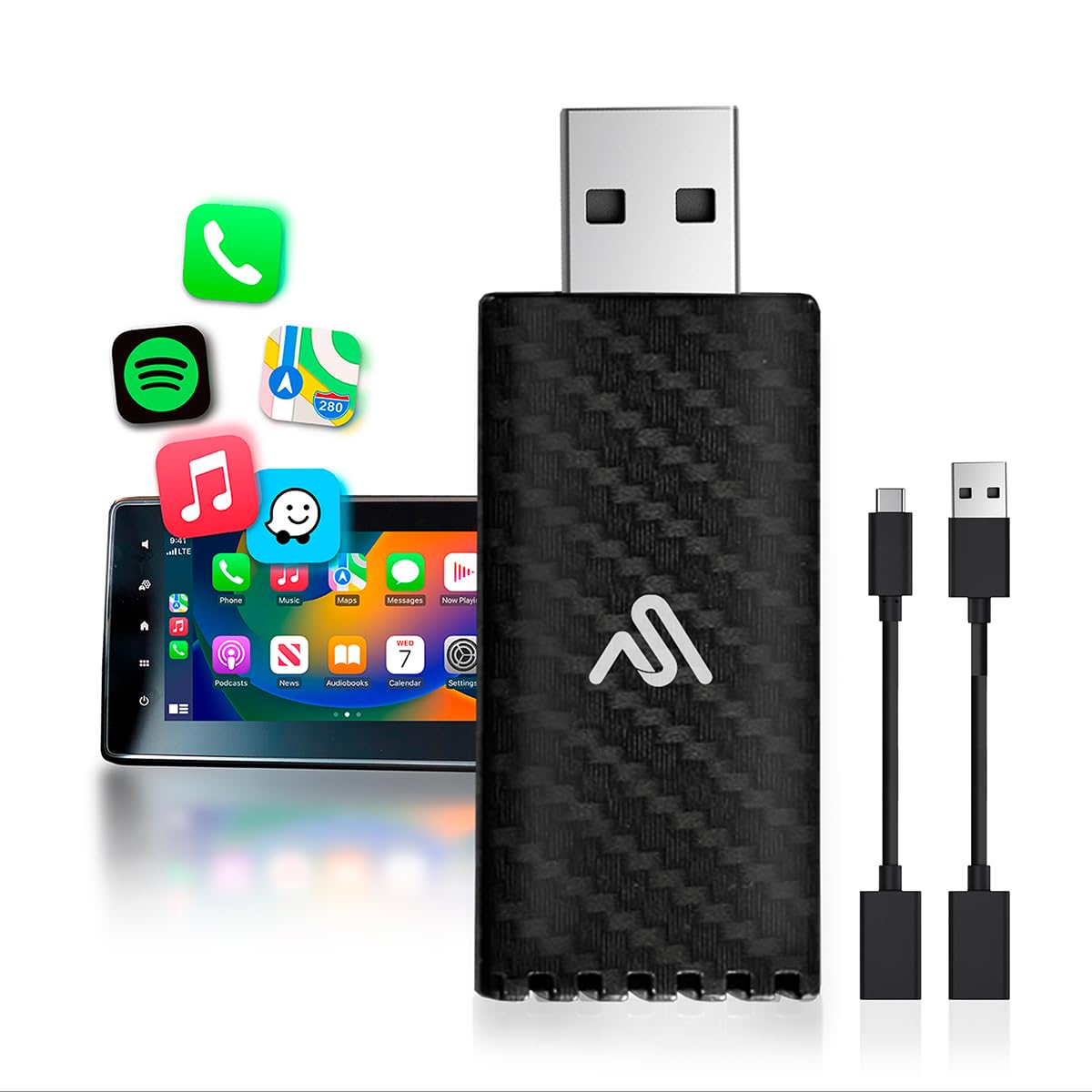 AutoSky Wireless CarPlay Adapter 2023 Pro Edition - Fastest and Most Compact Wireless CarPlay Adapter Factory Wired CarPlay Cars – USB-A and USB-C Cables – Wired CarPlay Required