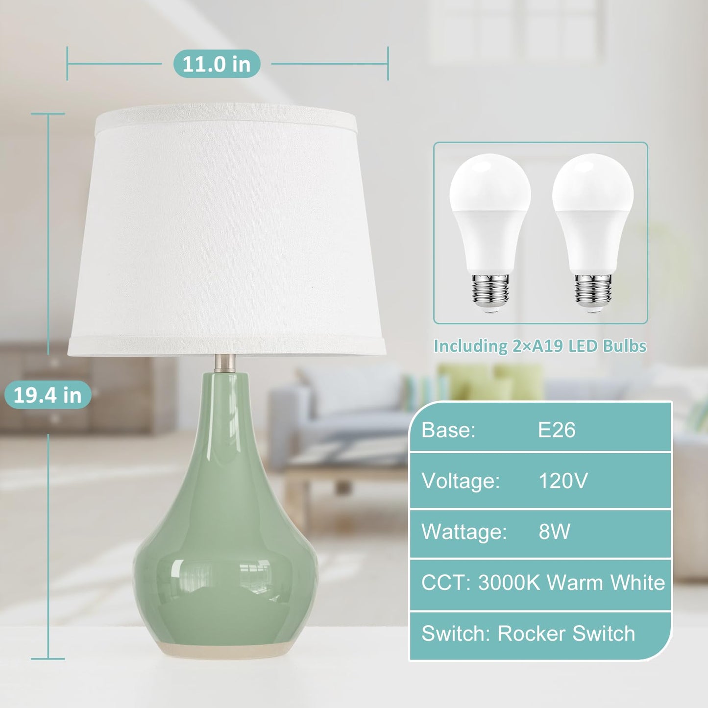 Seealle Modern Green Table Lamps Set of 2 - Bedside Lamps for Night Stands, 19.4" Bedroom Lamps for Living Room Sage Green Lamps with Rocker Switch