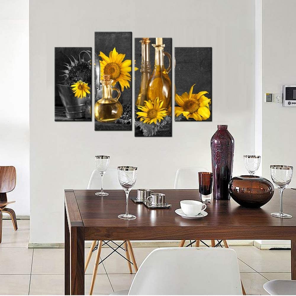 Biuteawal- 4 Panel Black and White Canvas Wall Art Wine with Yellow Sunflower Picture Painting Print Still Life Artwork for Home Dining Room Living Room Wall Decor Framed and Easy Hanging