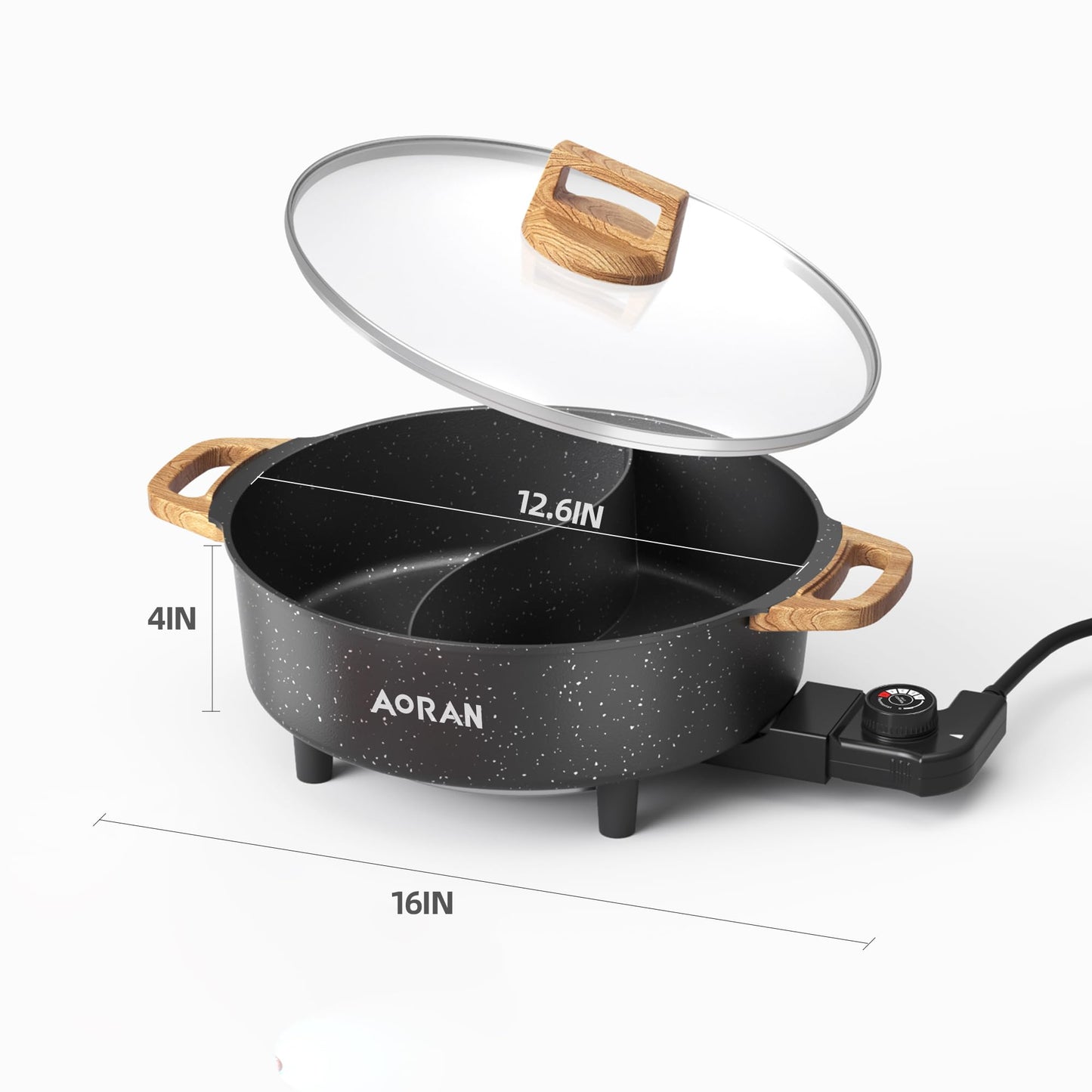 AORAN Electric Hot Pot with Divider, 1350W 8L Nonstick Smokeless Cooker for Shabu Shabu & Fondue, Multi-Function Cookware with Soup Ladle, Strainer, Includes Tongs - Easy to Clean, Black