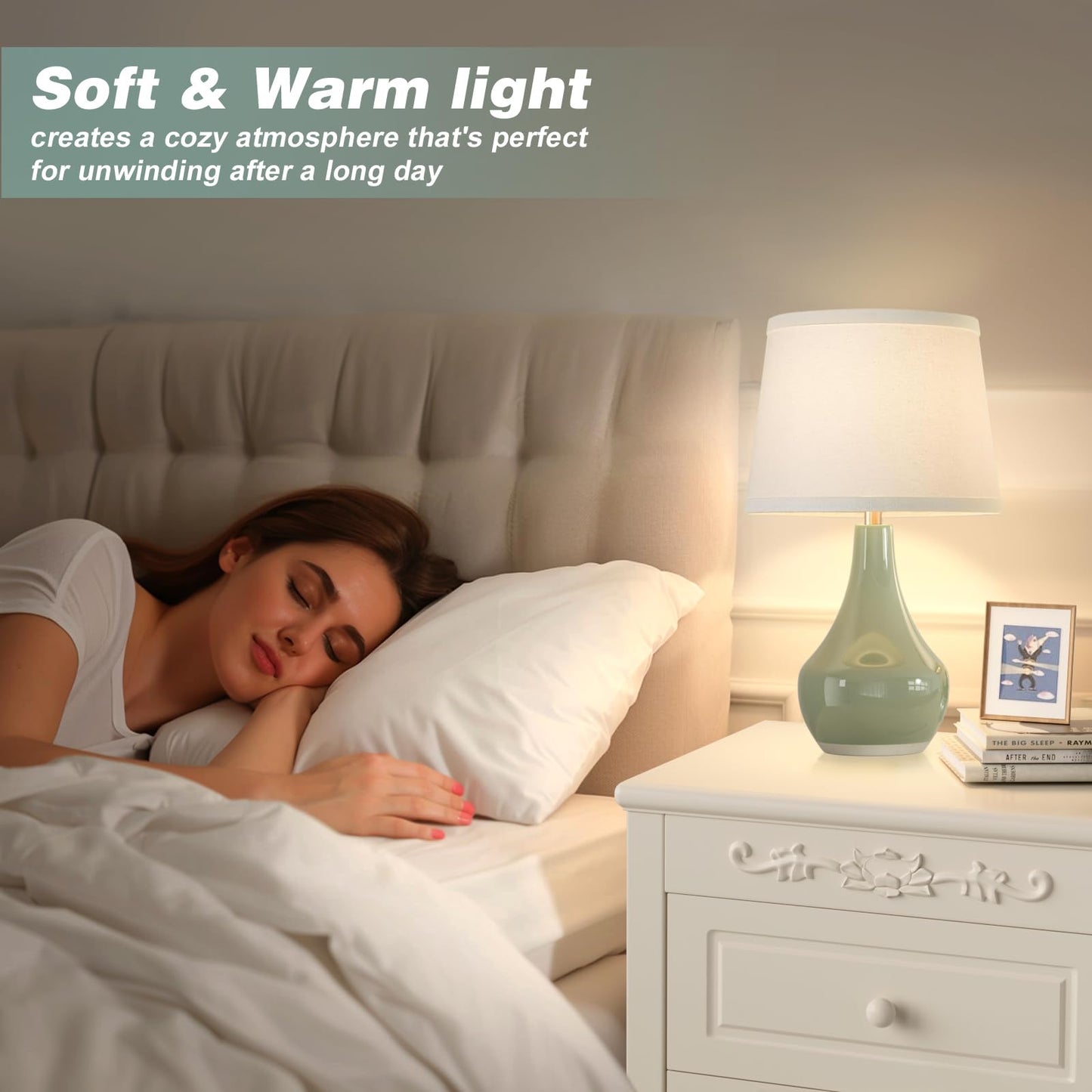 Seealle Modern Green Table Lamps Set of 2 - Bedside Lamps for Night Stands, 19.4" Bedroom Lamps for Living Room Sage Green Lamps with Rocker Switch