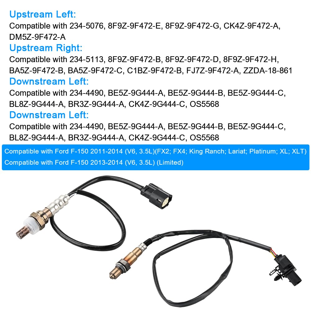 JDMON 4PCS O2 Oxygen Sensor Upstream & Downstream Replacement for Ford F150 V6 3.5L 2011-2014 Turbocharged Compatible with 234-5076, 234-5113, 234-4490, 8F9Z9F472E, 8F9Z9F472B, BE5Z9G444A