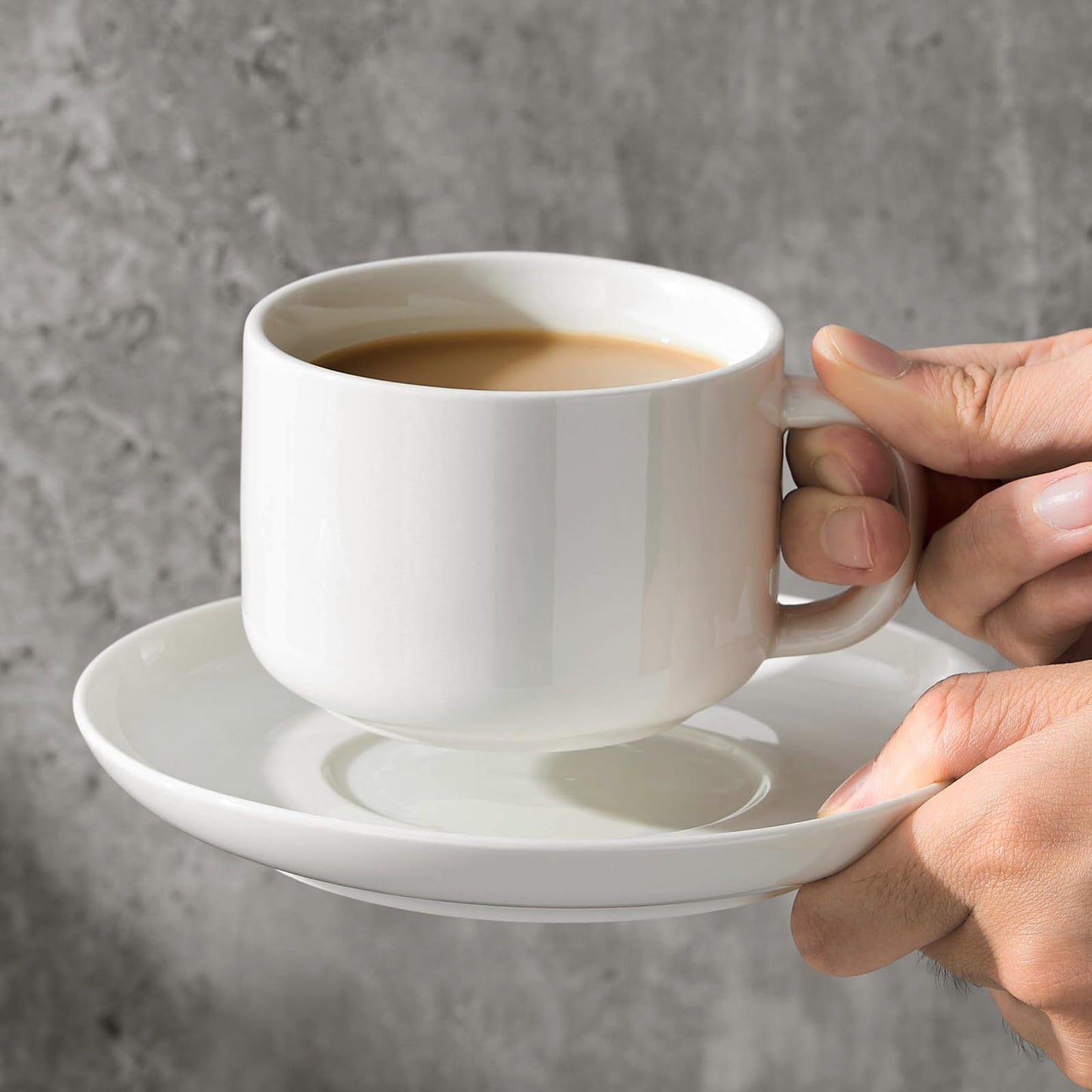 CHILDIKE 7 oz Coffee Cups with Saucers Spoons - Set of 6 Cappuccino Cups, White Porcelain Cups Serving for Tea Espresso Latte Mocha