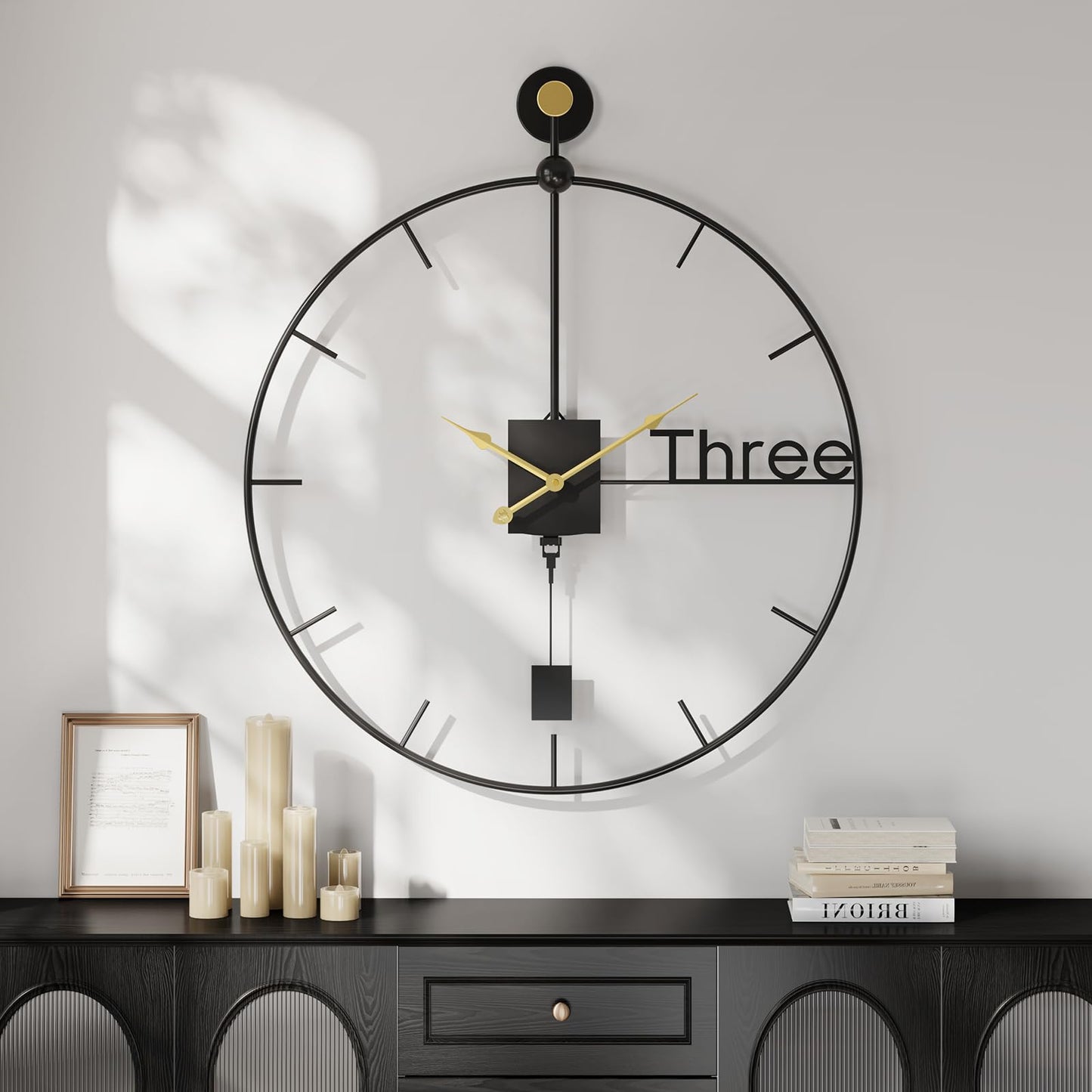 Cuspin Modern Large Wall Clock 24 inch with Pendulum, Battery Operated Silent Non-Ticking Metal Wall Clock for Living Room Decor, Decorative Hanging Clock for Bedroom, Office, Kitchen, Home