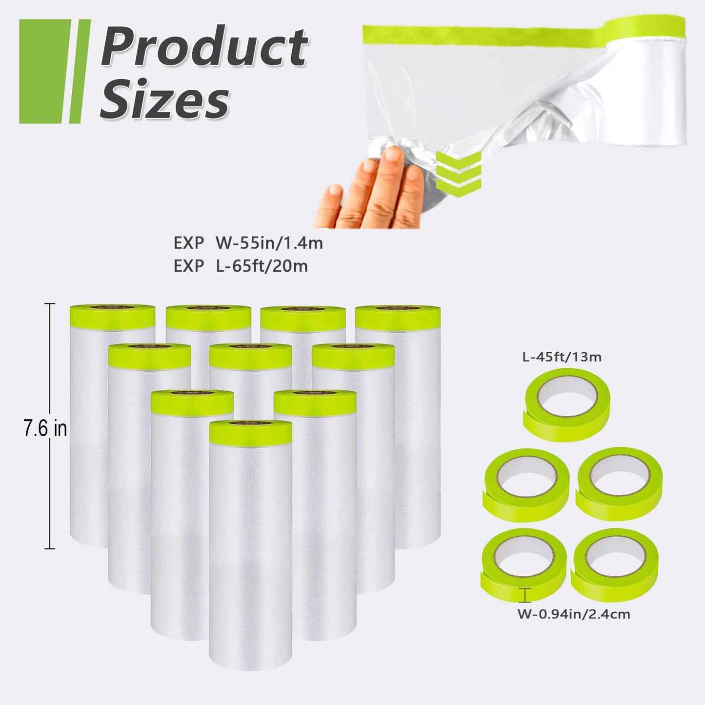 Yudahgan Pre-Taped Masking Film-55inx65ft Tape and Drape Painters Paper Rolls, Plastic Painting Film for Automotive Painting Covering （Masking Film:10rolls,Tape:5rolls）