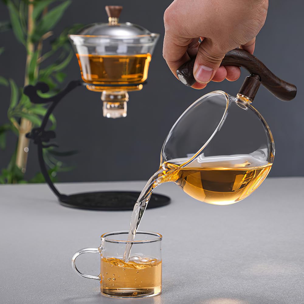 Lazy Kungfu Drip TeaPot, Heat Resistant Tea Set, Semi-Automatic Glass Teapot Suit for Magnetic Water Flow Wooden Glass Teapot Set (Metal handle+glass body)