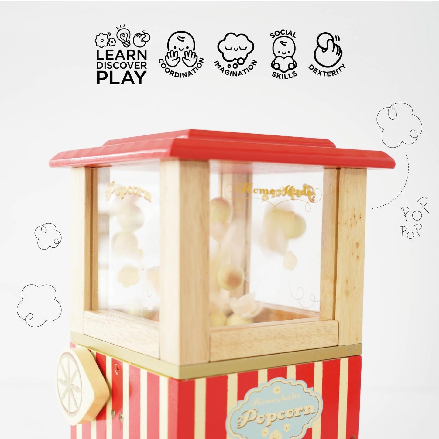 Le Toy Van - Wooden Honeybake Retro Popcorn Machine | Cinema, Kitchen Or Movies Pretend Play | Movie Night Role Kids Play Toy