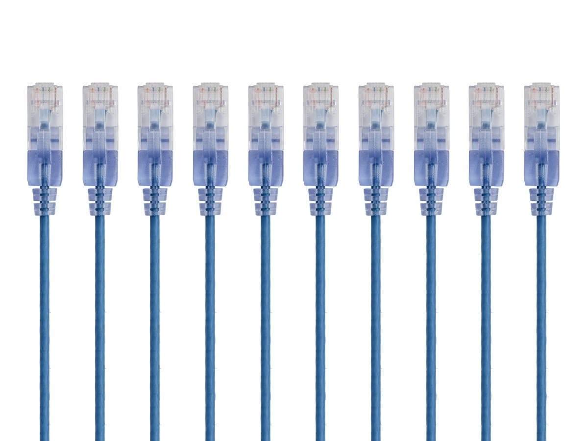 Monoprice Cat6A Ethernet Patch Cable - Snagless RJ45, 550Mhz, 10G, UTP, Pure Bare Copper Wire, 30AWG, 10-Pack, 14 Feet, Blue - SlimRun Series