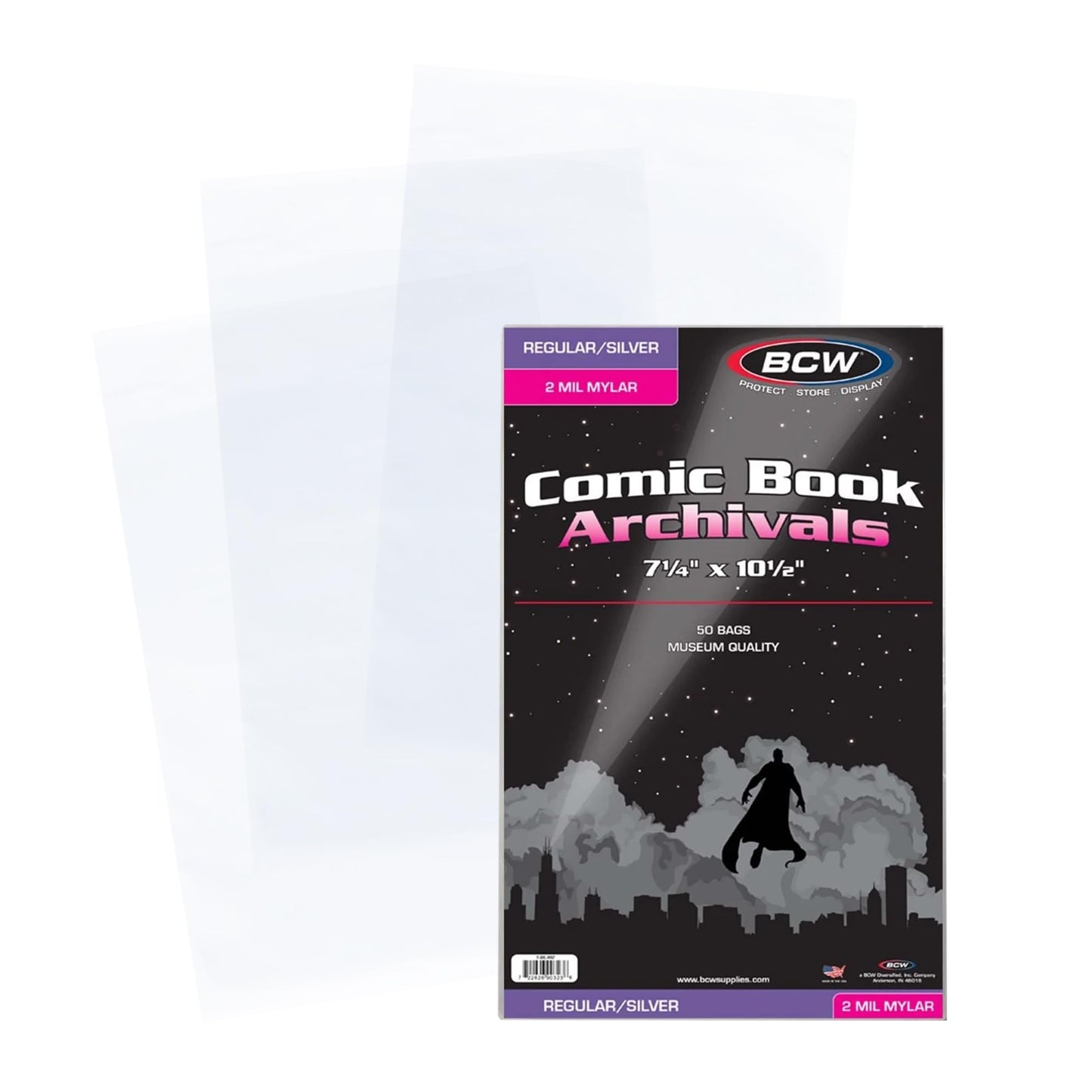 BCW Archival Storage Bags for Silver Age/Regular Comic Books - 50 Pack | 7 1/4" x 10 1/2" | 2 Mil Mylar Comic Book Sleeves | Clear Polyester