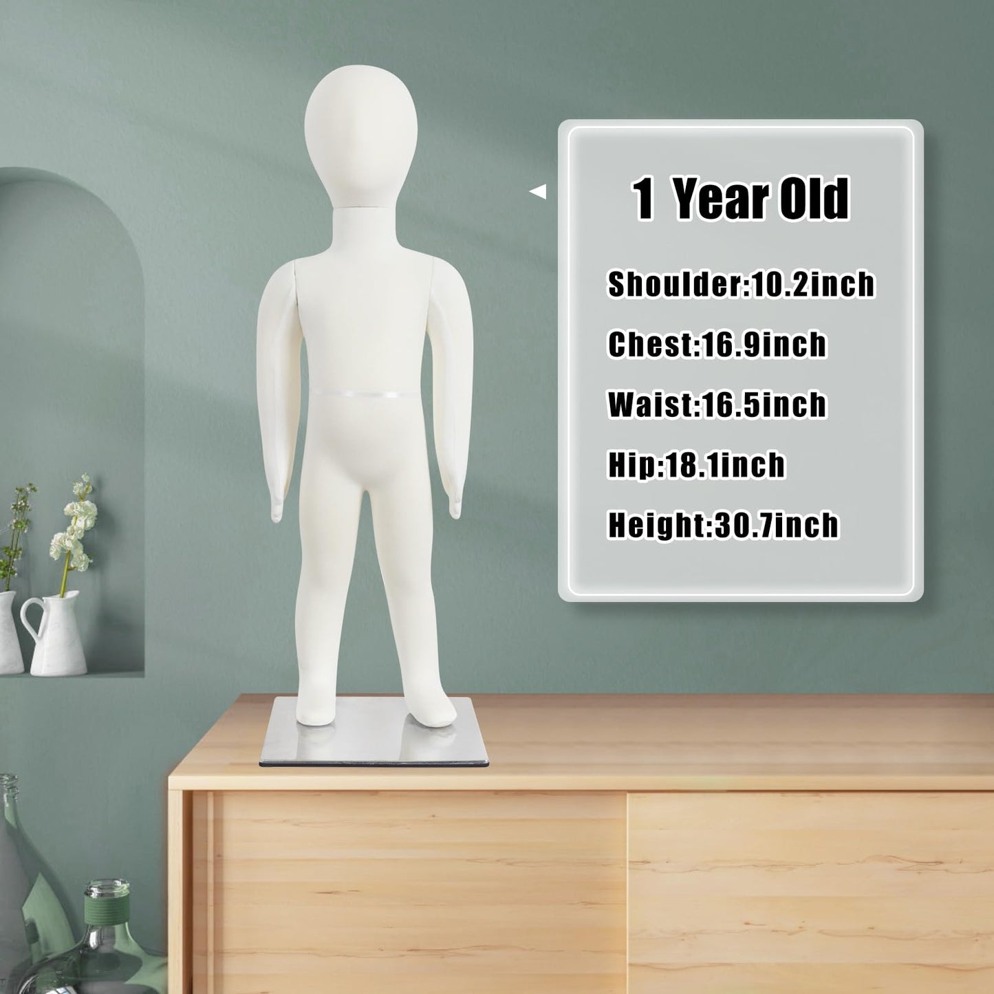 Kids Mannequin Child Dress Form Foam Flexible Full Body Manikin with Removable Head, 1 Year Old Beige