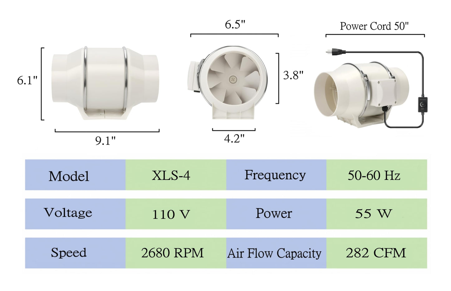 4 Inch Duct Fan Inline Fan Pipeline Pressurization Fan Ventilation Exhaust Fan with Speed Controller 282 CFM Duct Intake Fan High Efficiency Air Fan Copper Motor for Bathroom Grow Tents Hydroponics